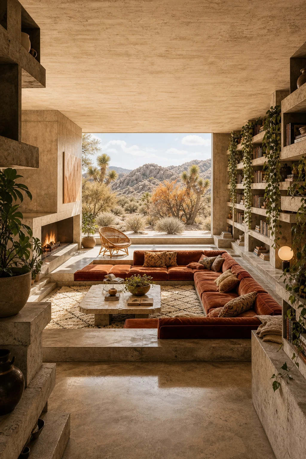 Full room view looking out toward the desert landscape past the library shelves and conversation pit.