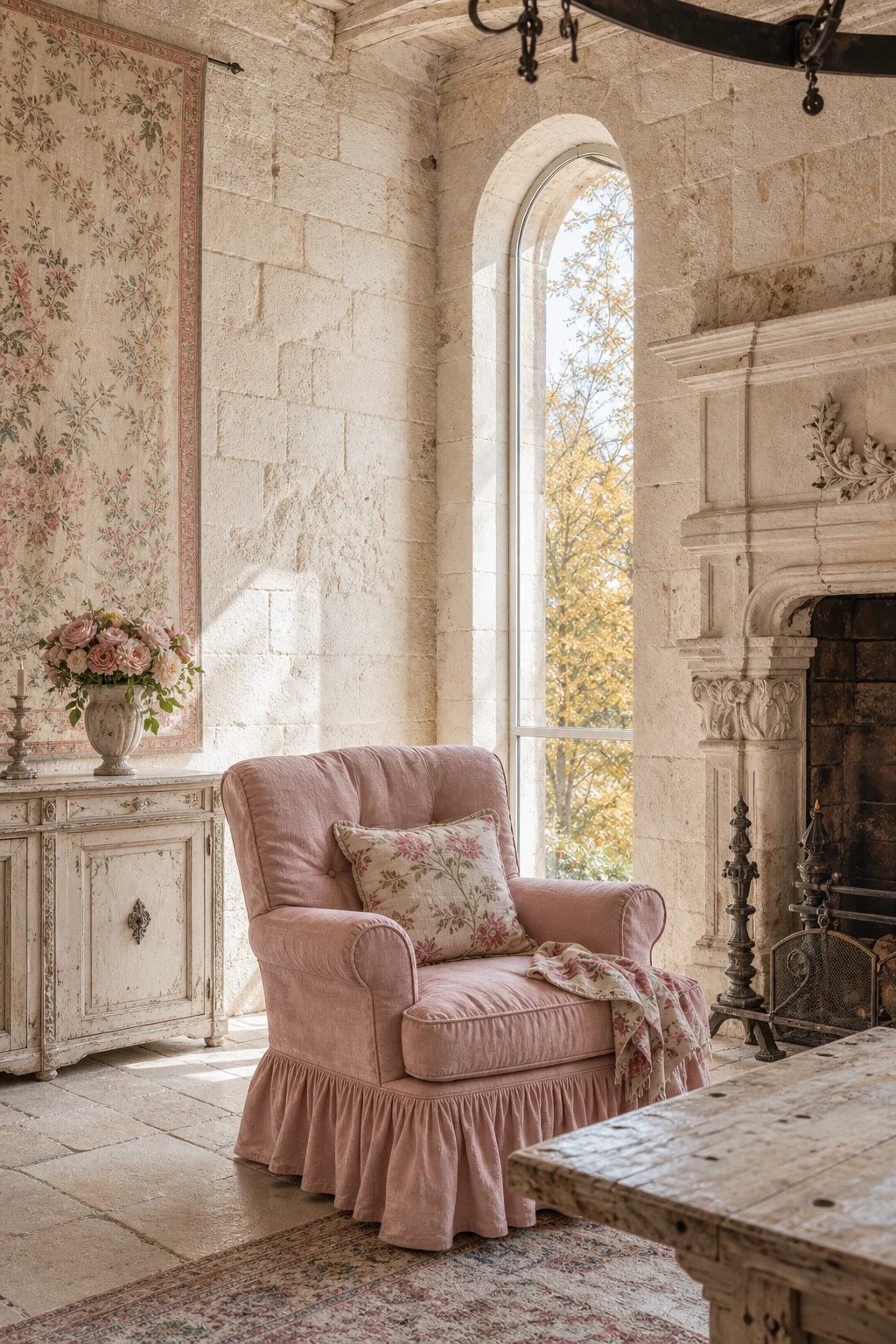 A faded rose-pink linen slipcovered armchair placed against a rough-hewn but pale Caen limestone wall.