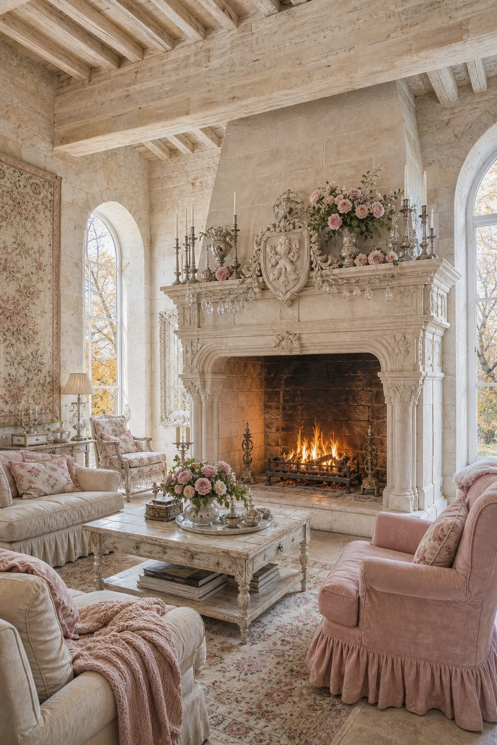 A monumental carved limestone fireplace styled with delicate crystal teardrop accents and faded roses.