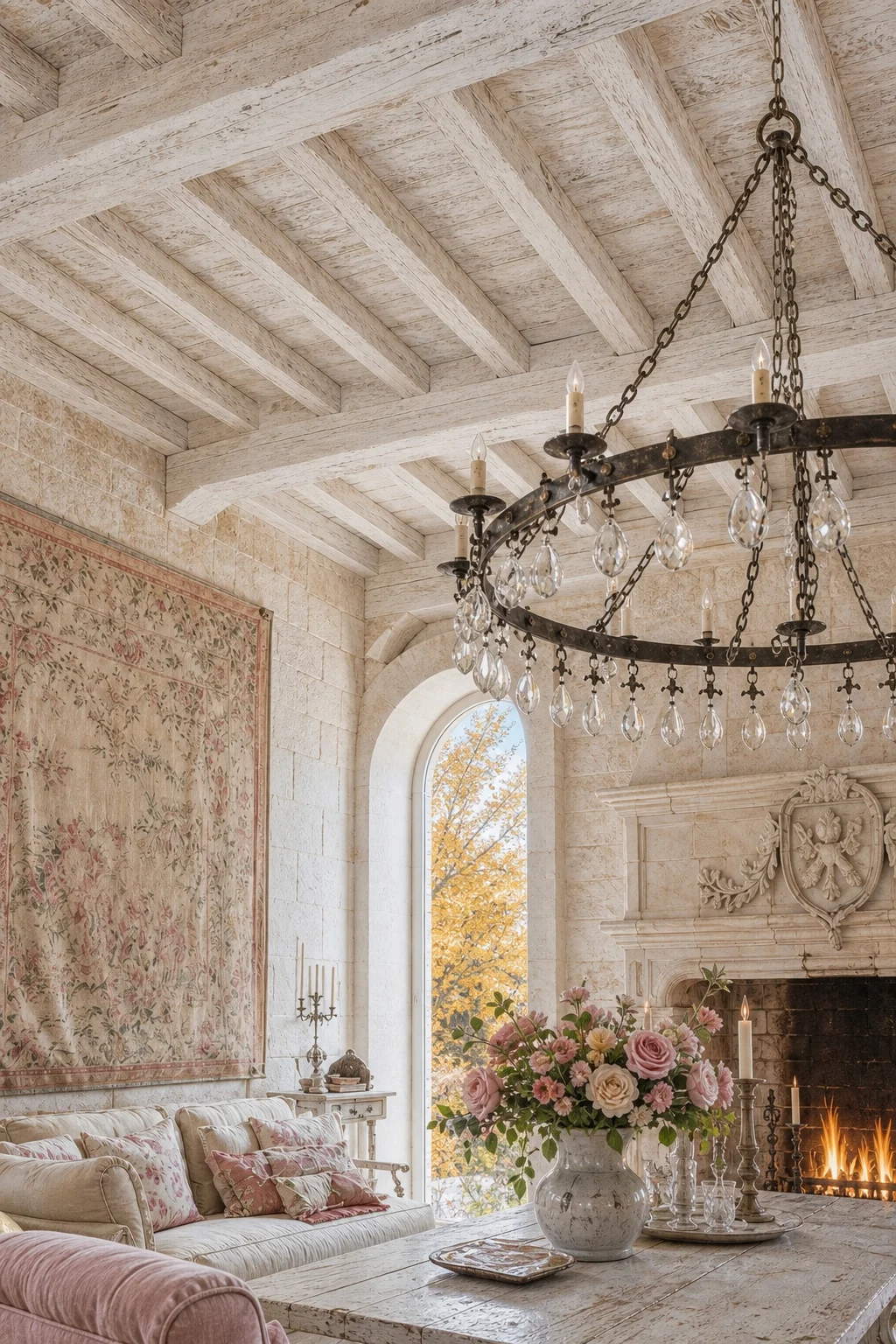 Heavy exposed medieval timber ceiling beams heavily lime-washed in chalk white, with a wrought-iron chandelier.