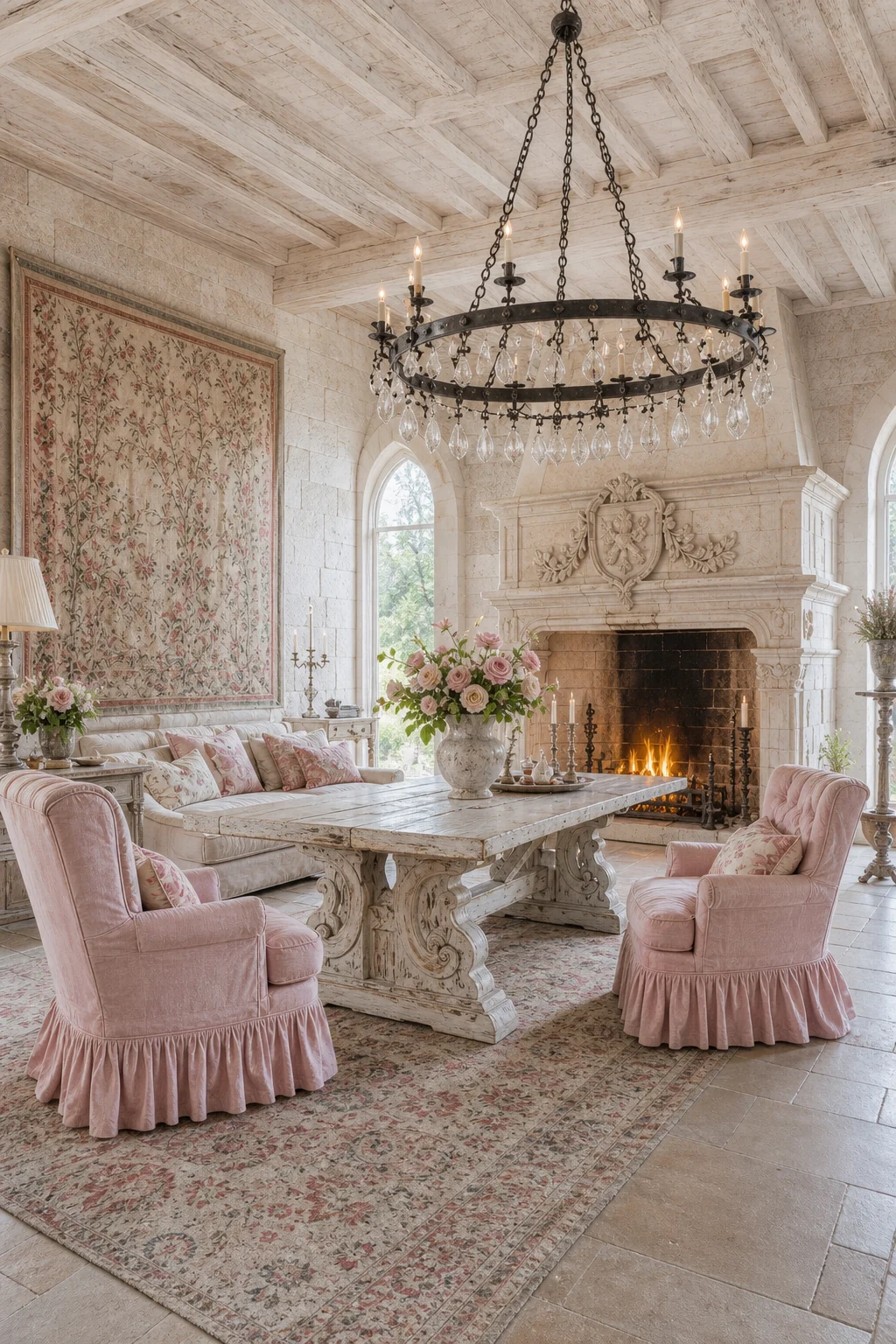 A distressed white-painted heavy medieval trestle table surrounded by faded rose-pink linen slipcovered armchairs.