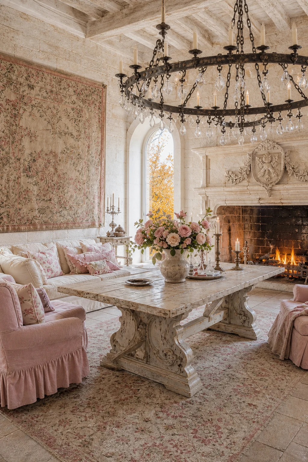 Tall arched medieval windows letting in crisp autumn daylight, illuminating pale stone walls and a faded pastel tapestry.