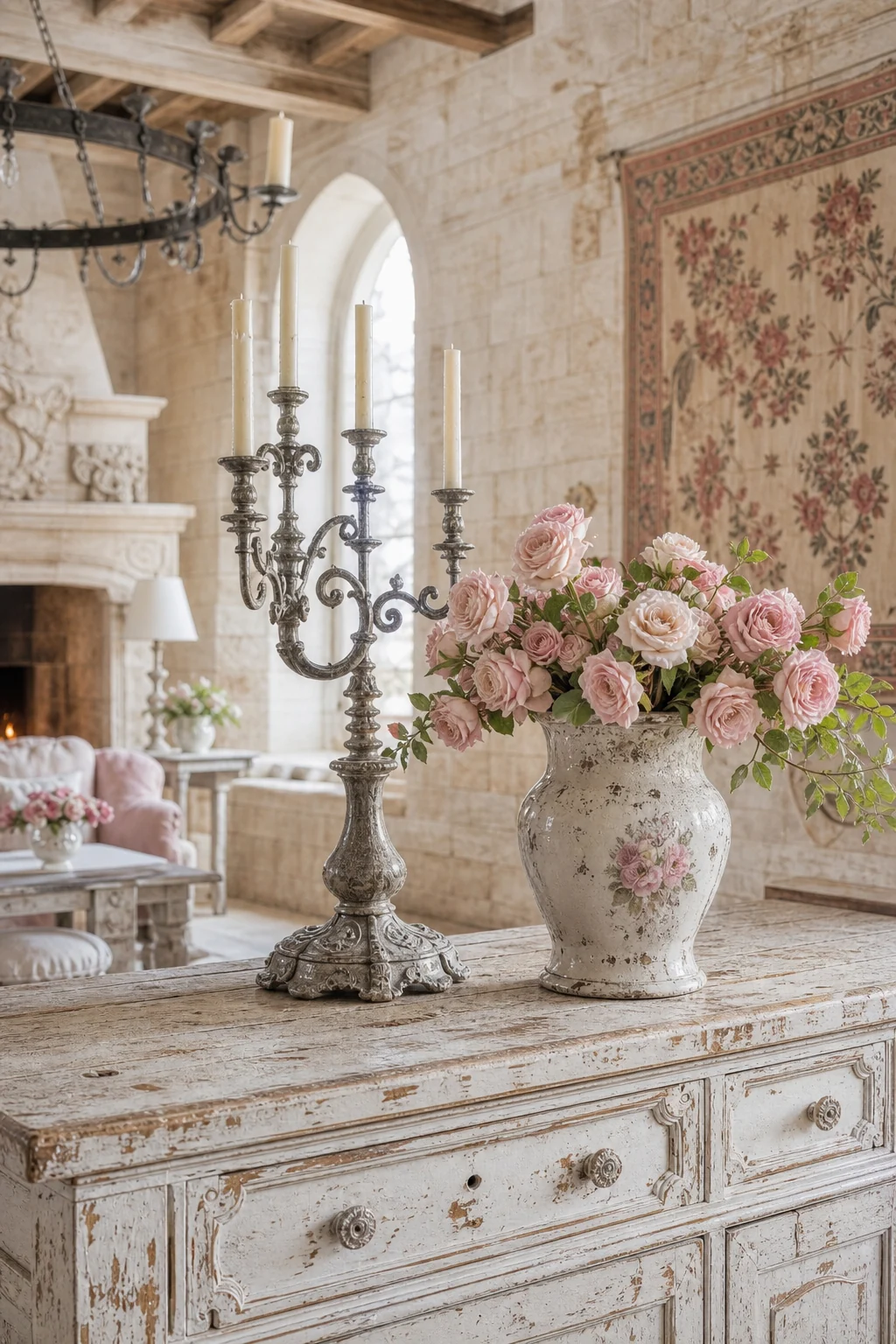 A weathered silver candelabra and a vase of faded pink roses sitting on a distressed white-painted heavy oak console table.