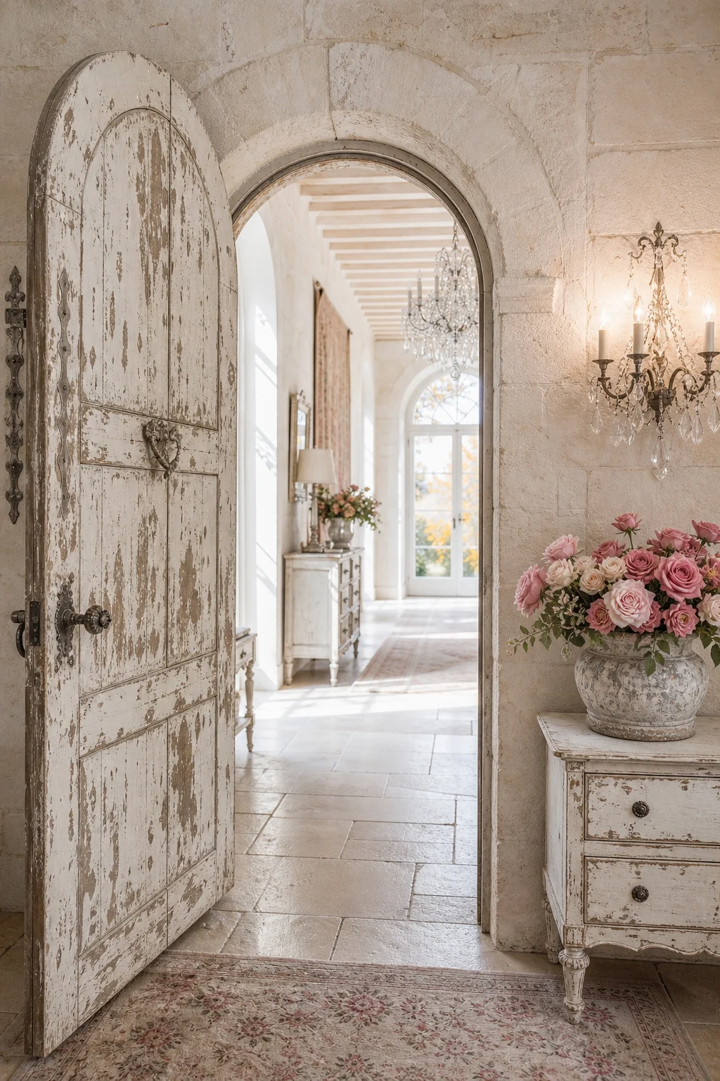 A heavy medieval arched wooden door, painted distressed white, slightly open to reveal a bright hallway with a delicate crystal sconce.