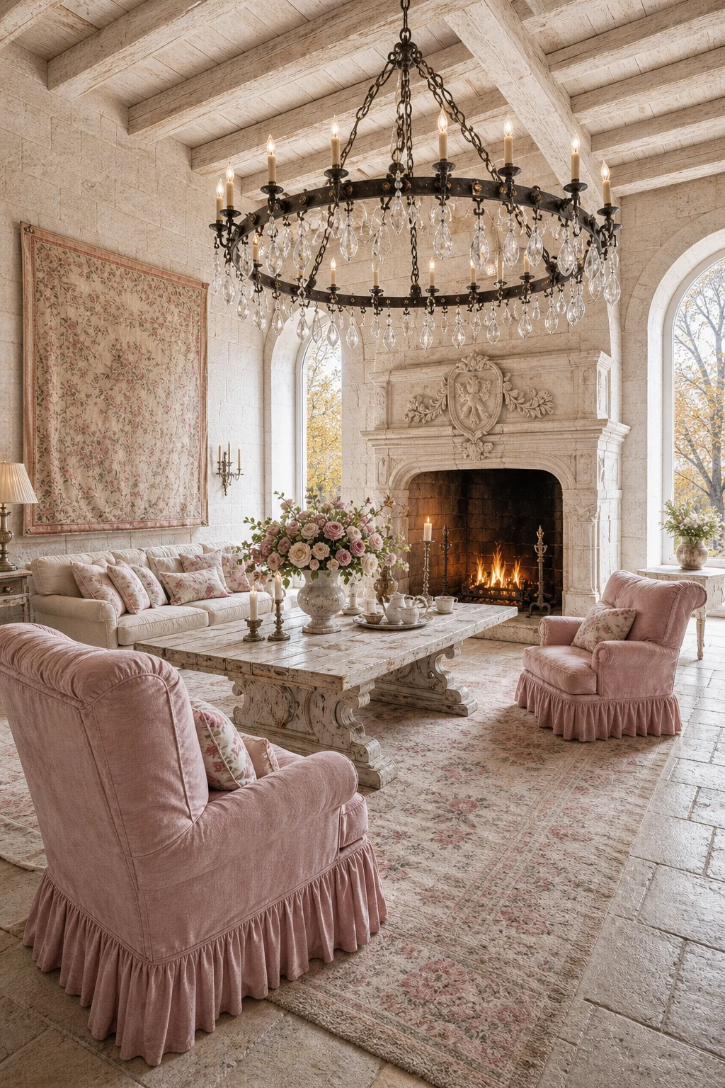 A massive wrought-iron wheel chandelier adorned with crystals hanging over slipcovered chairs and a pale stone floor.