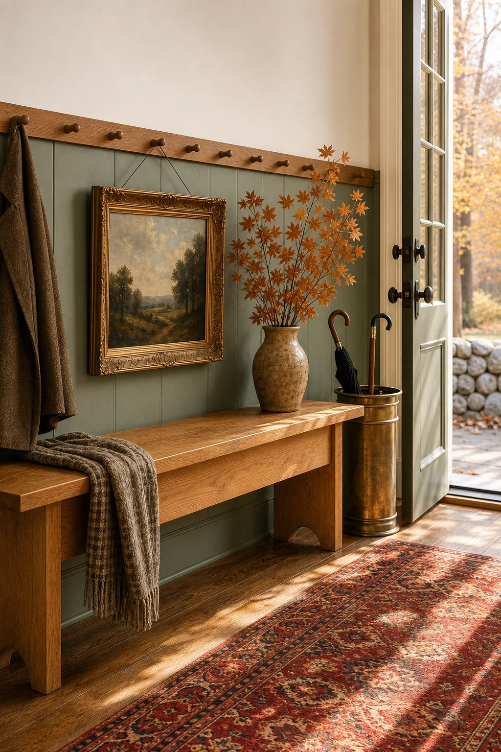 A vintage gilt-framed landscape painting hanging from a Shaker wooden peg rail against sage green wainscoting.