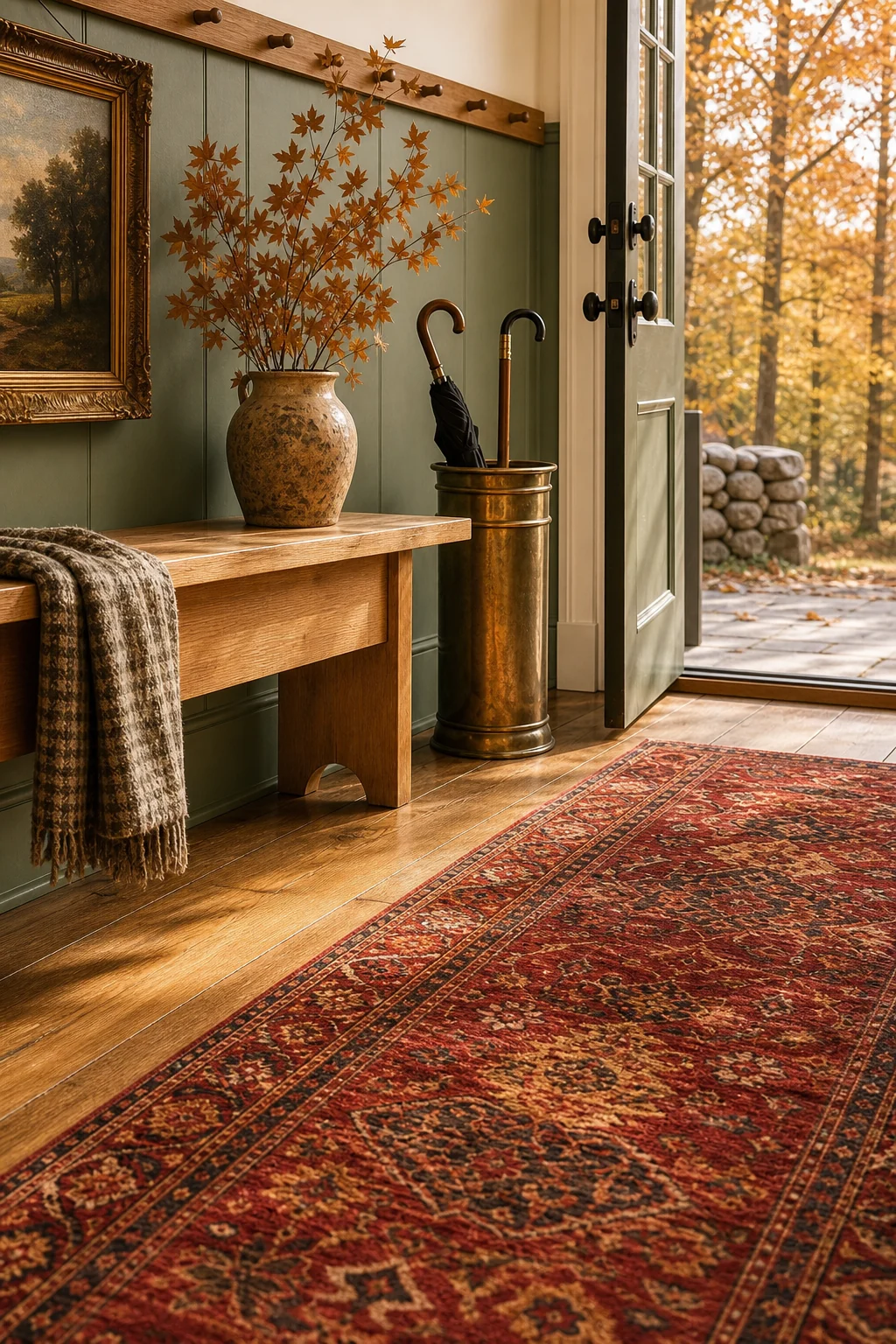A faded madder-red Persian runner rug and an antique brass umbrella stand next to a solid maple bench.