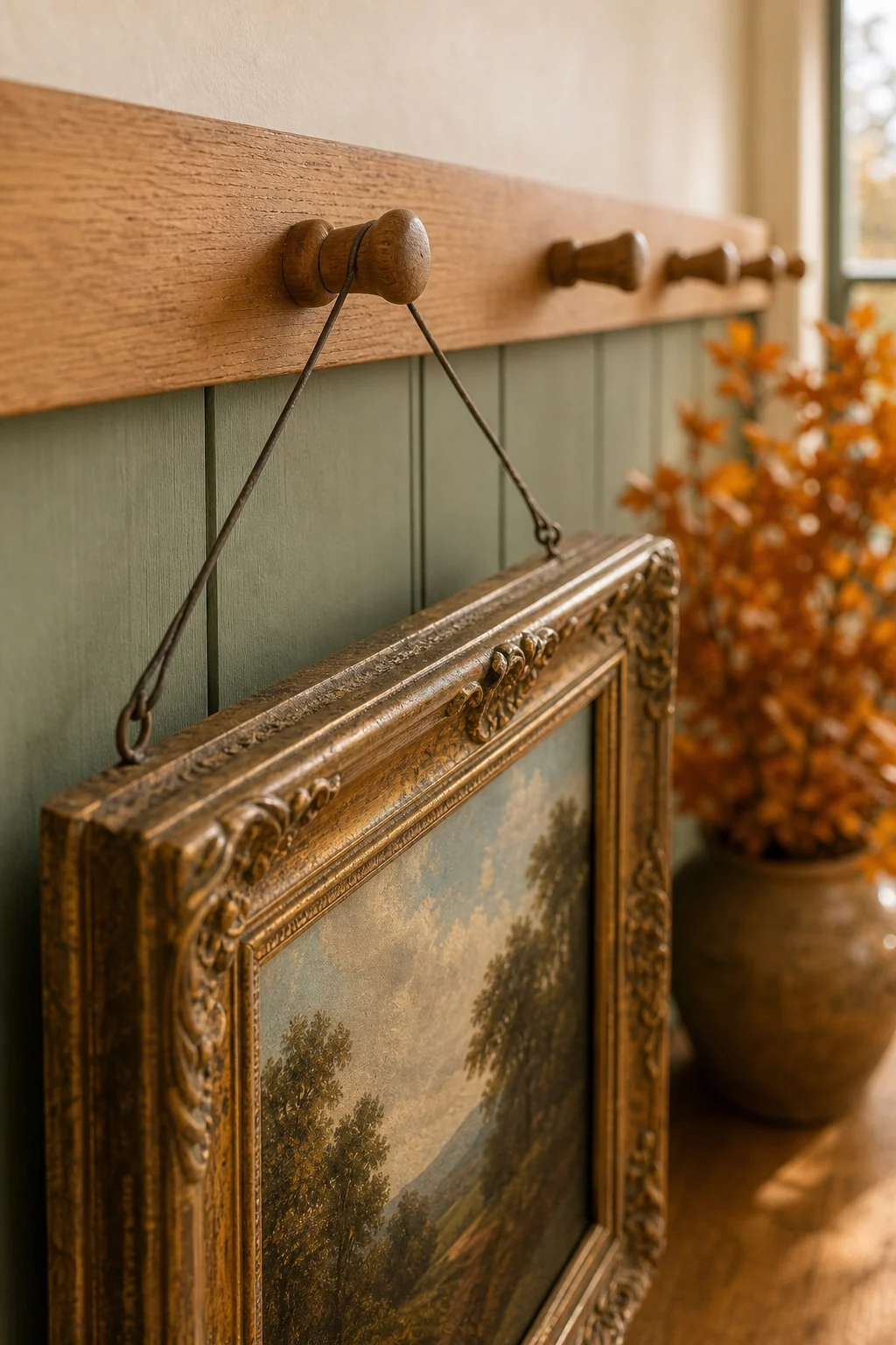Close-up of a simple wire hanging an ornate vintage frame from a plain wooden Shaker peg.