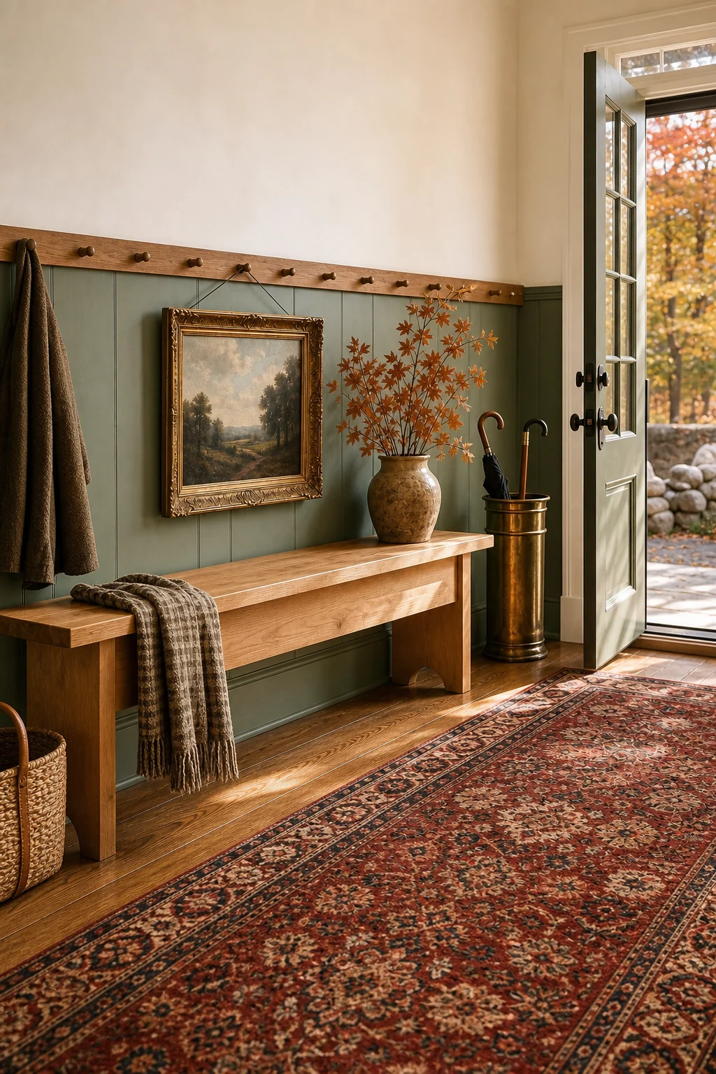 A complete entryway vignette featuring a Shaker maple bench, peg rail, vintage rug, and brass accents.
