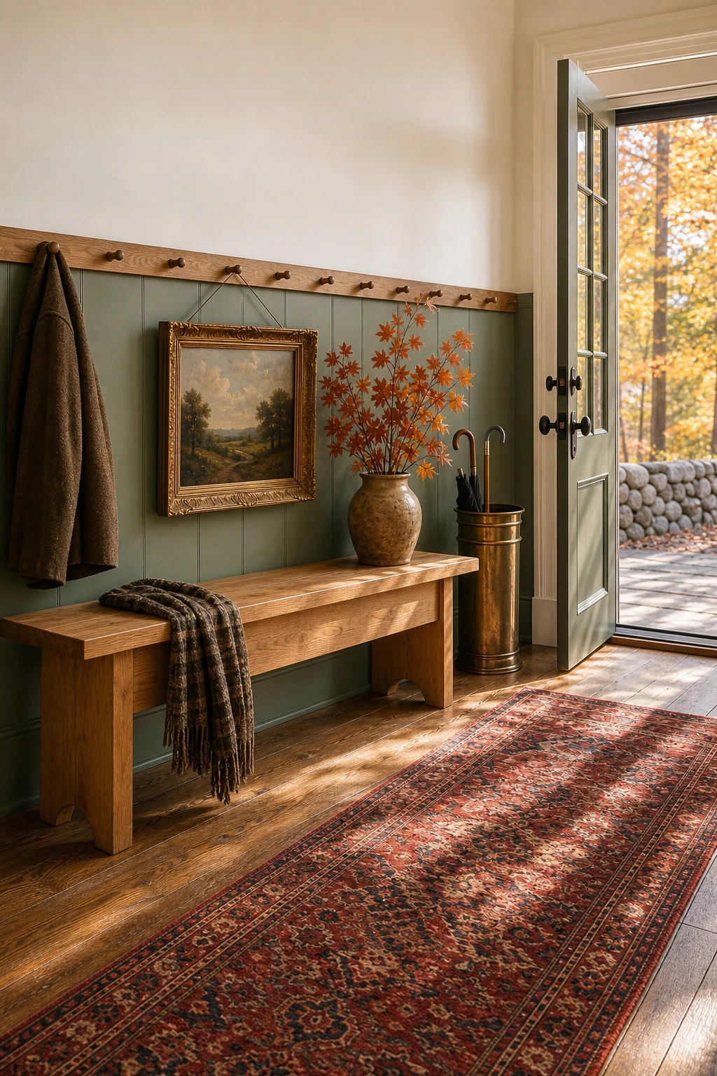 Autumn sunlight streaming through a multi-pane door into an entryway with Shaker wainscoting and vintage art.