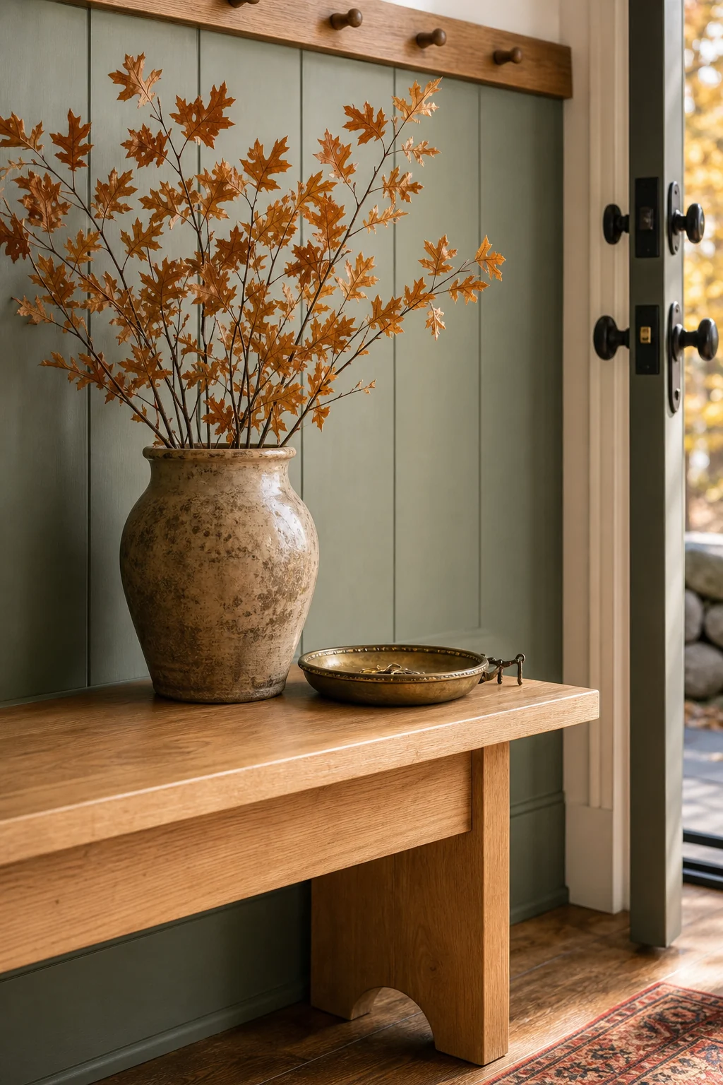 A weathered ceramic vase with dried autumn branches and a brass tray on the end of a maple bench.