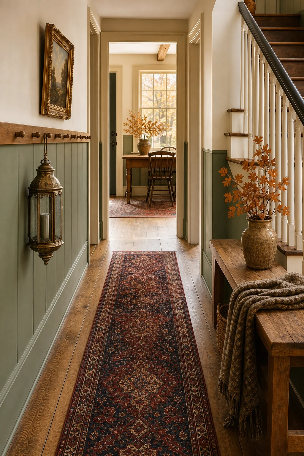 A narrow hallway featuring a slim Shaker peg rail, a hanging brass lantern, and a narrow vintage runner.