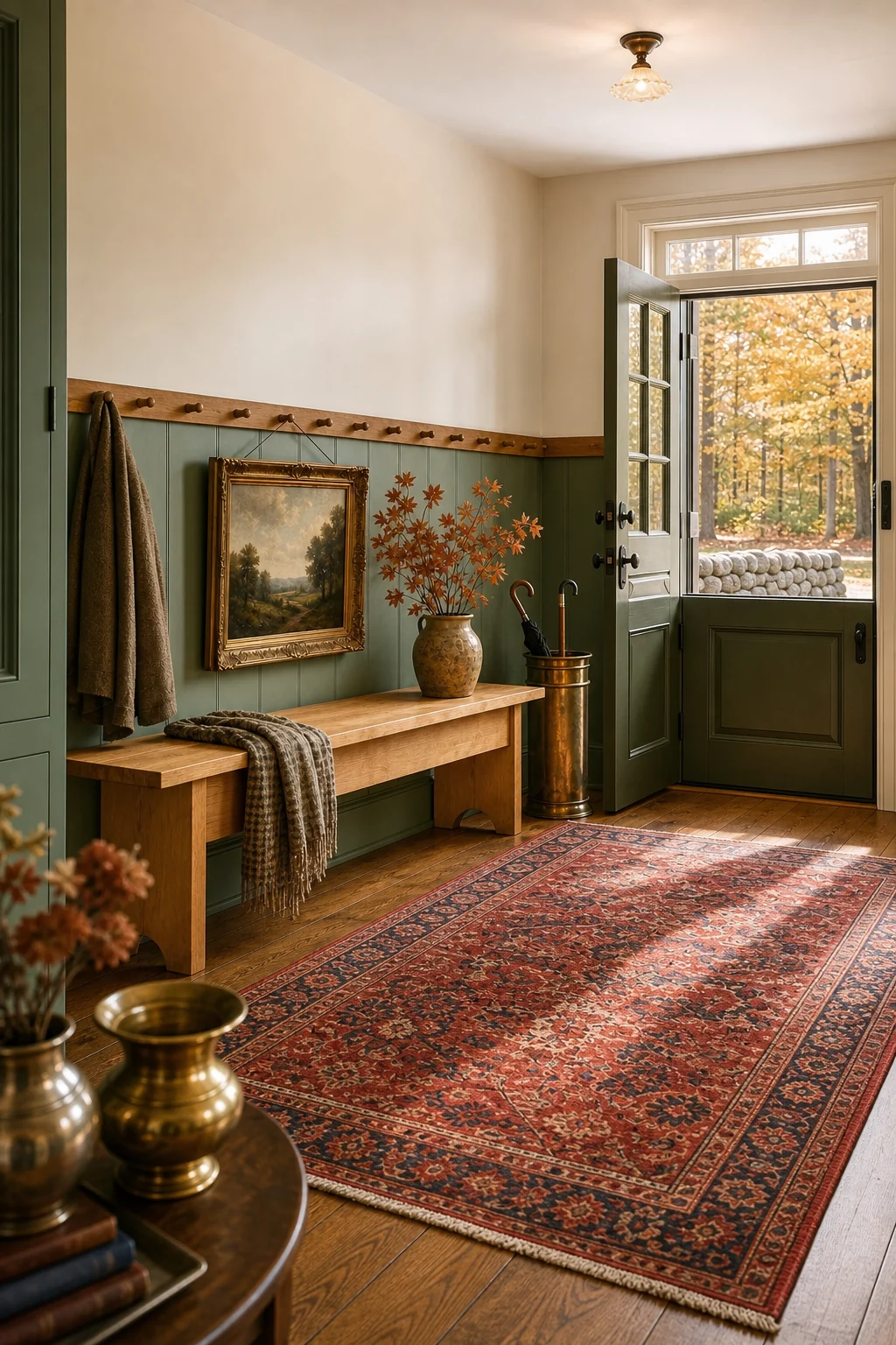 A generous full-room view of an entryway balancing a Shaker bench and peg rail with vintage eclectic decor.