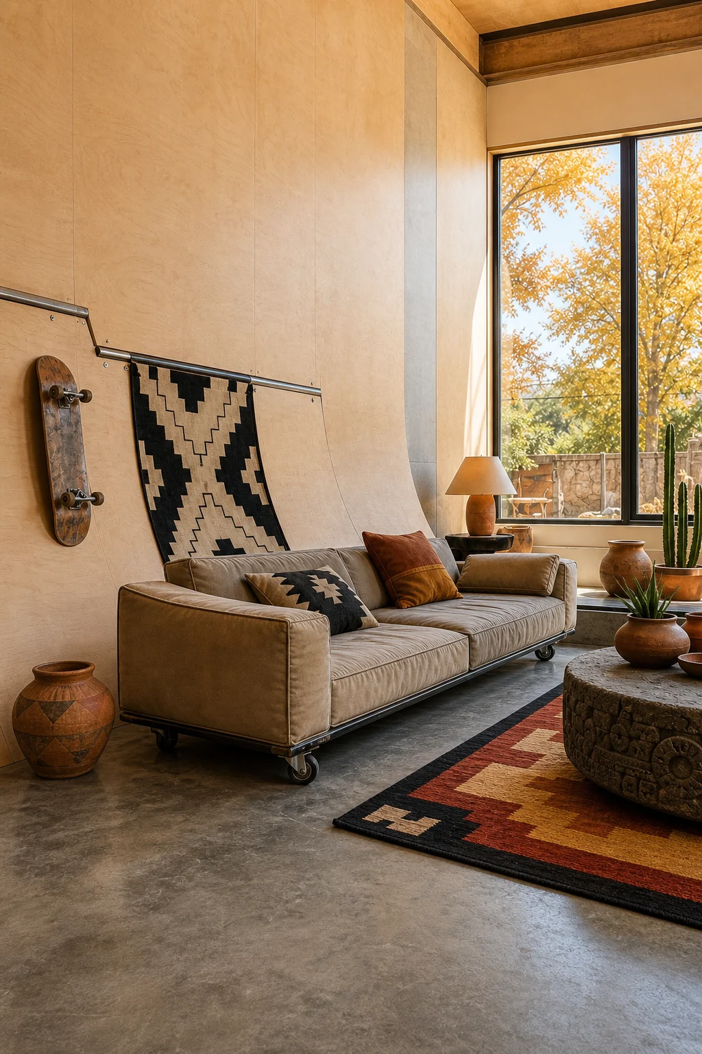 A sweeping Baltic birch plywood wall curving into a concrete floor with a single terracotta pot.