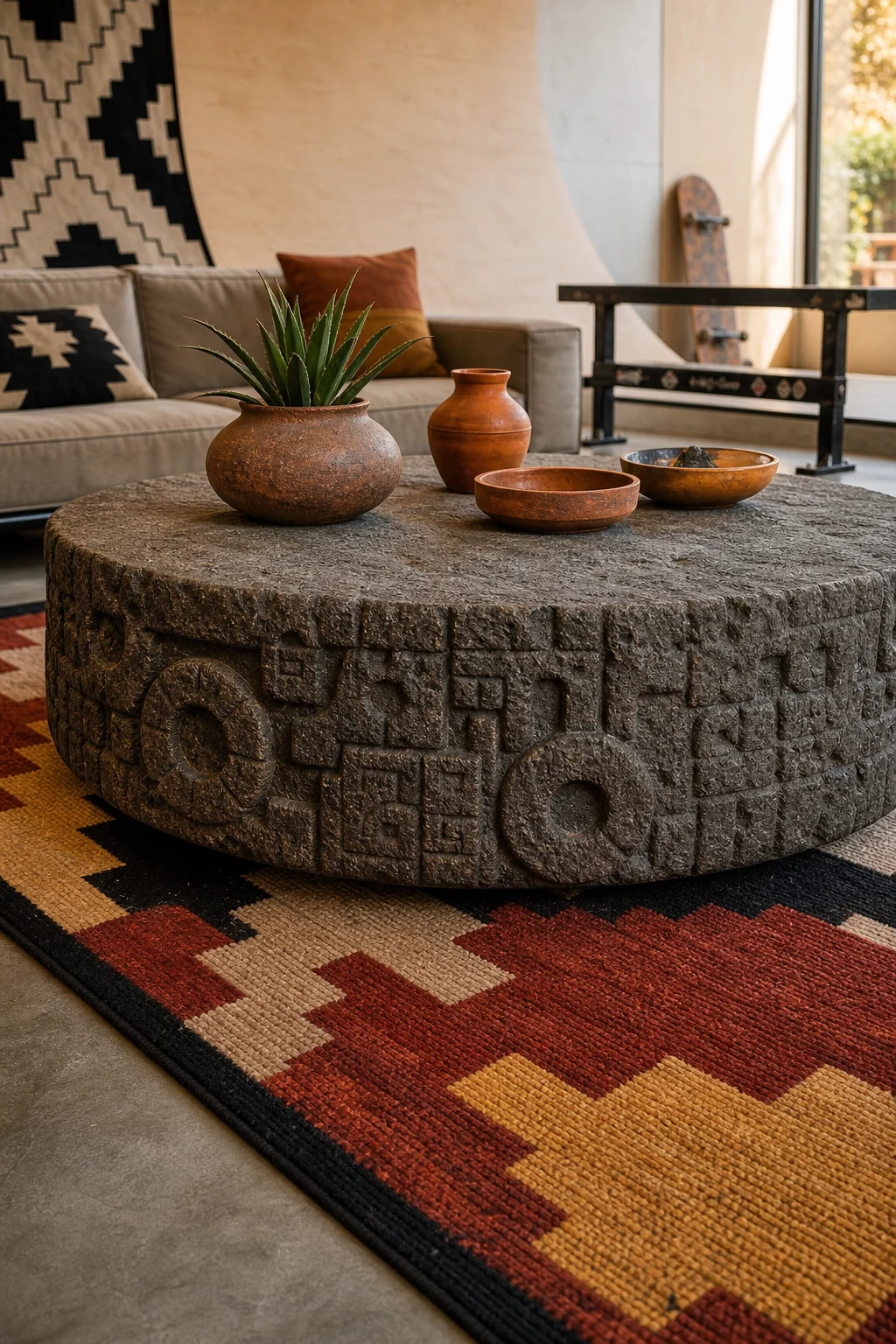 Close-up of a carved volcanic basalt coffee table resting on a geometric wool rug near a metal rail.