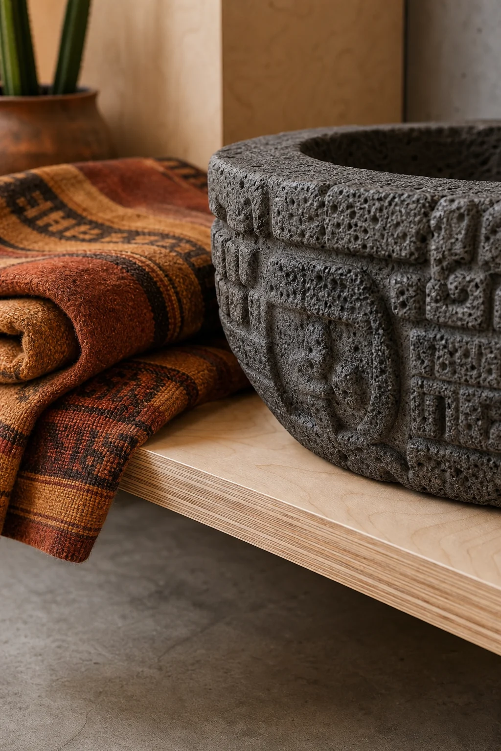 Detail shot of a raw birch plywood shelf holding a carved basalt bowl and folded geometric textile.