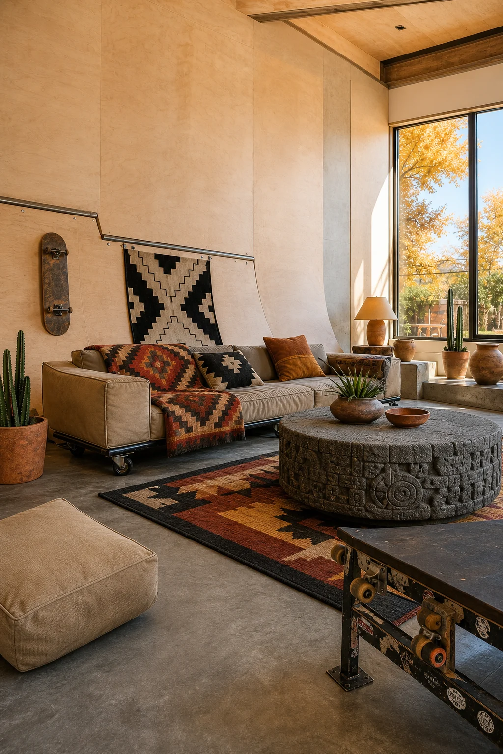 Medium shot of a low canvas sofa on casters facing a carved basalt coffee table.