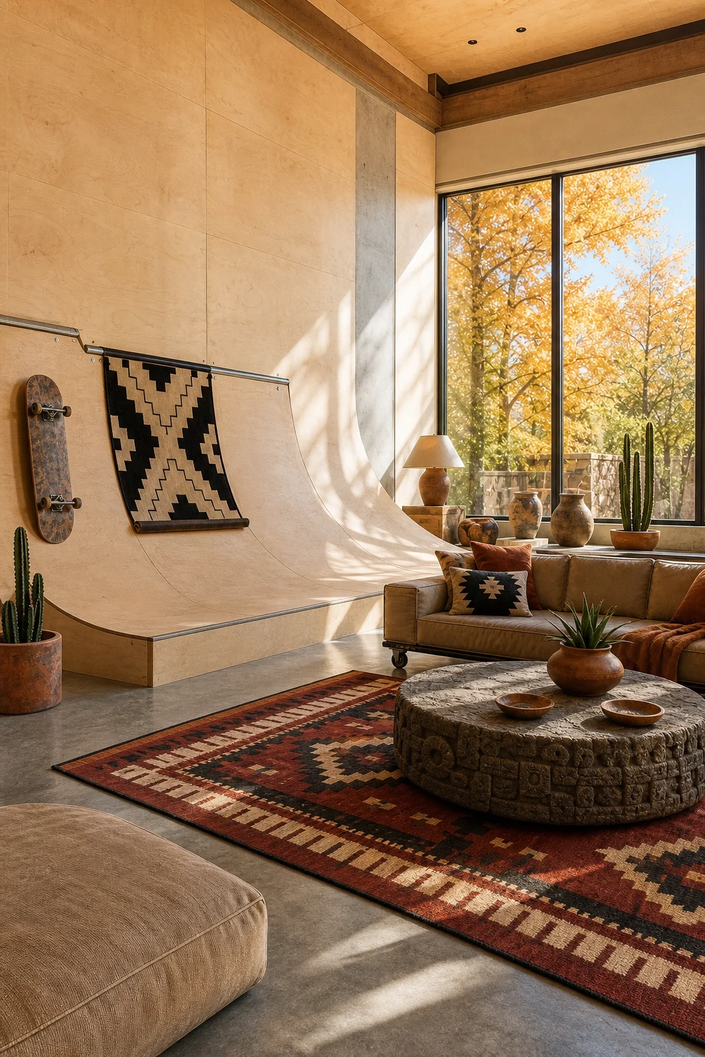 Wide architectural shot of warm sunlight hitting a curved plywood wall and deep red geometric rug.