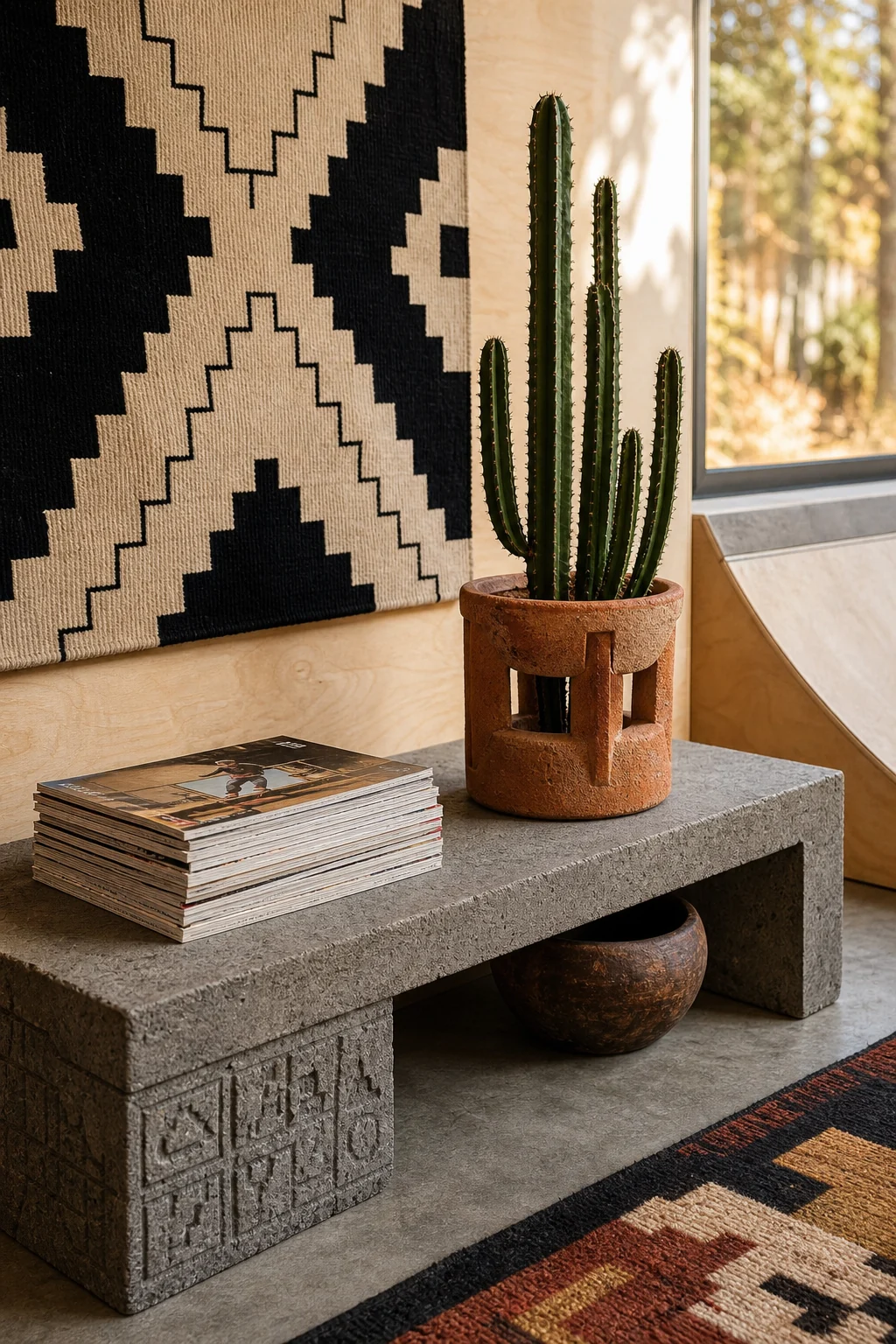Close-up of a low concrete console with skate magazines, a terracotta pot, and a cactus.