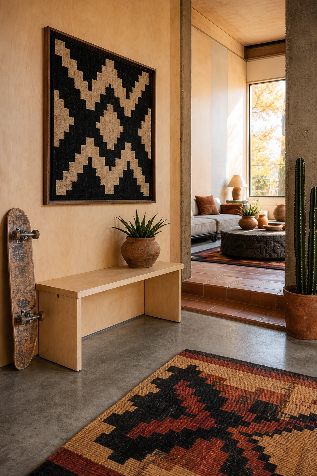 A hallway transition showing a birch bench and concrete floor meeting a terracotta tile threshold.