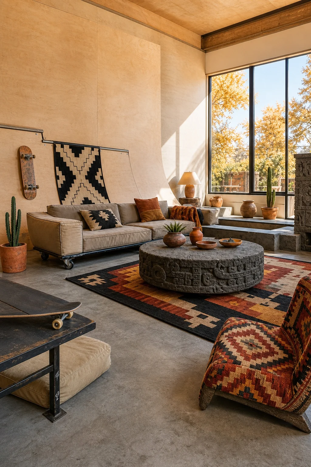 Generous full-room view showing the cohesive integration of plywood curves, canvas seating, and basalt stone.