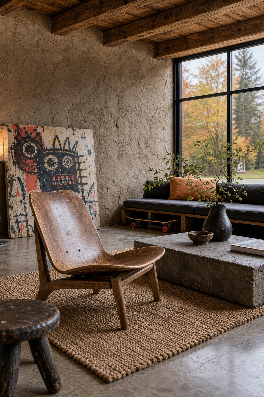 A scuffed bent-maple plywood lounge chair sits against an uneven earth plaster wall in a bright living room.