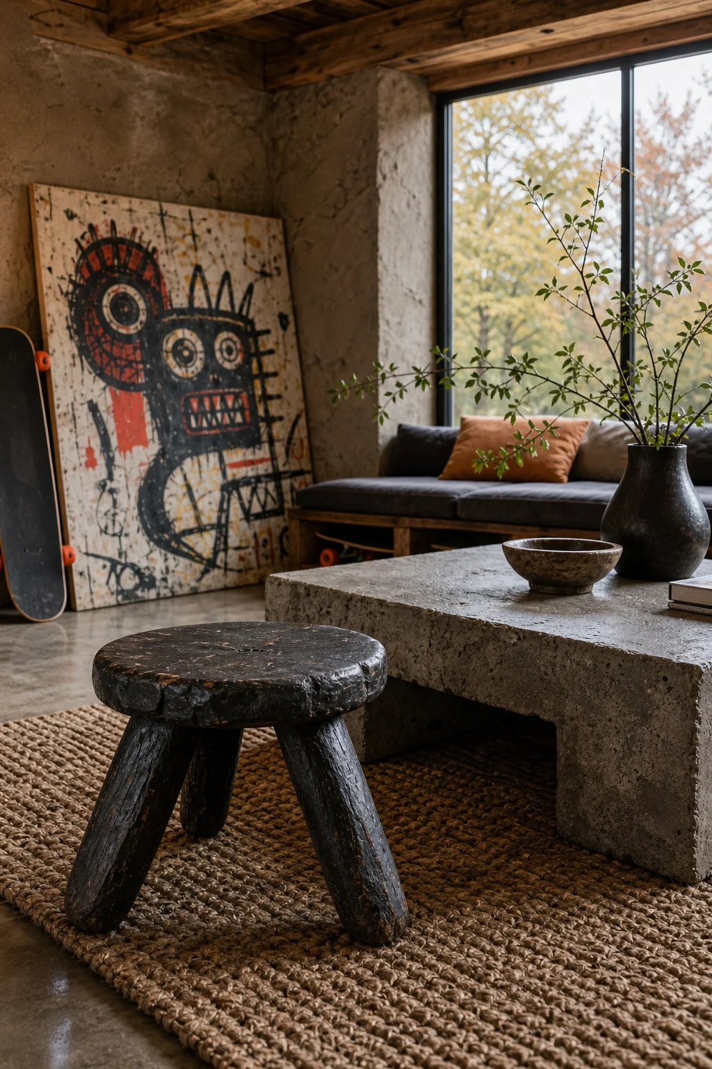 A carved blackened-wood stool rests beside a raw concrete coffee table with heavy grind marks.