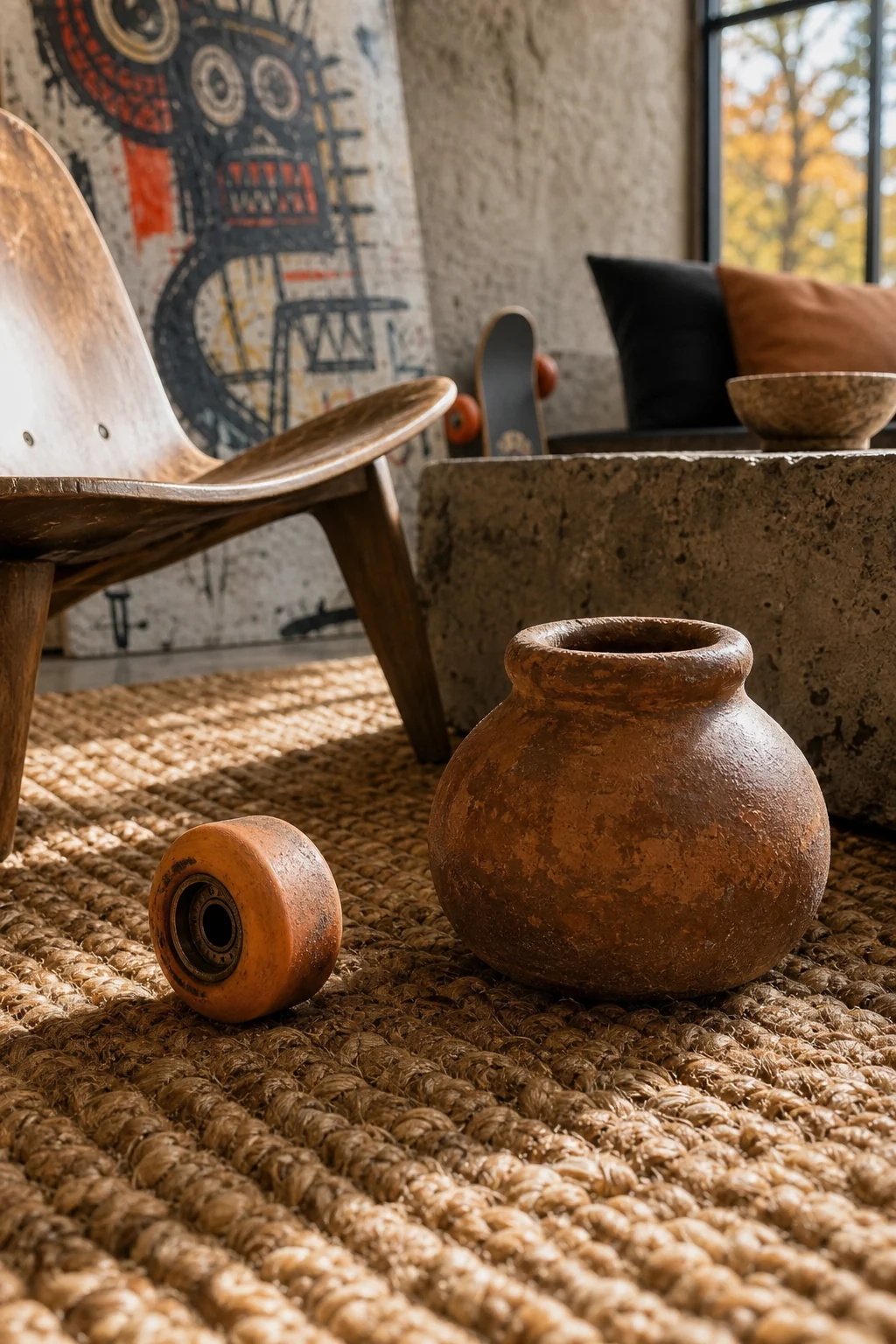 A thick woven jute rug holding a crude terracotta clay vessel and a faded polyurethane wheel.
