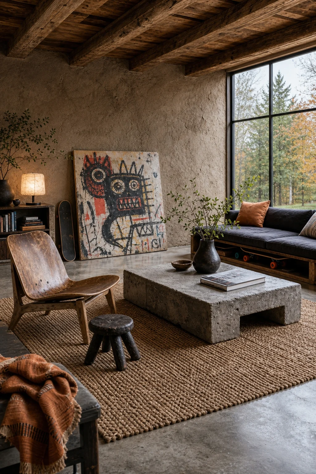 A complete seating vignette with a low-slung canvas sofa, bent-maple chair, and concrete coffee table over a jute rug.