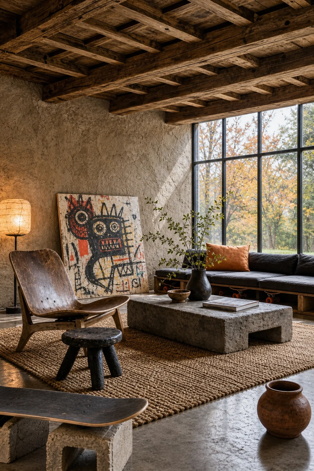 Wide architectural view of timber ceiling beams, earth plaster walls, and a graphic street-art canvas.