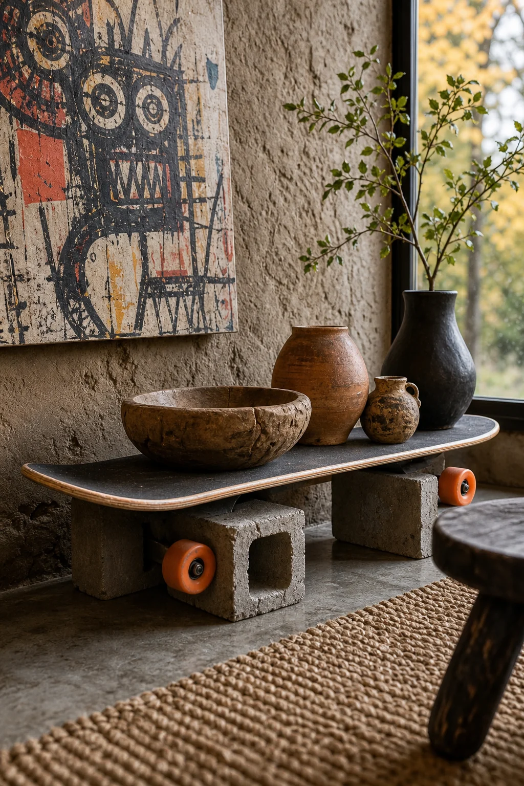 A repurposed skateboard deck shelf holding a hand-carved wooden bowl and terracotta vessels.