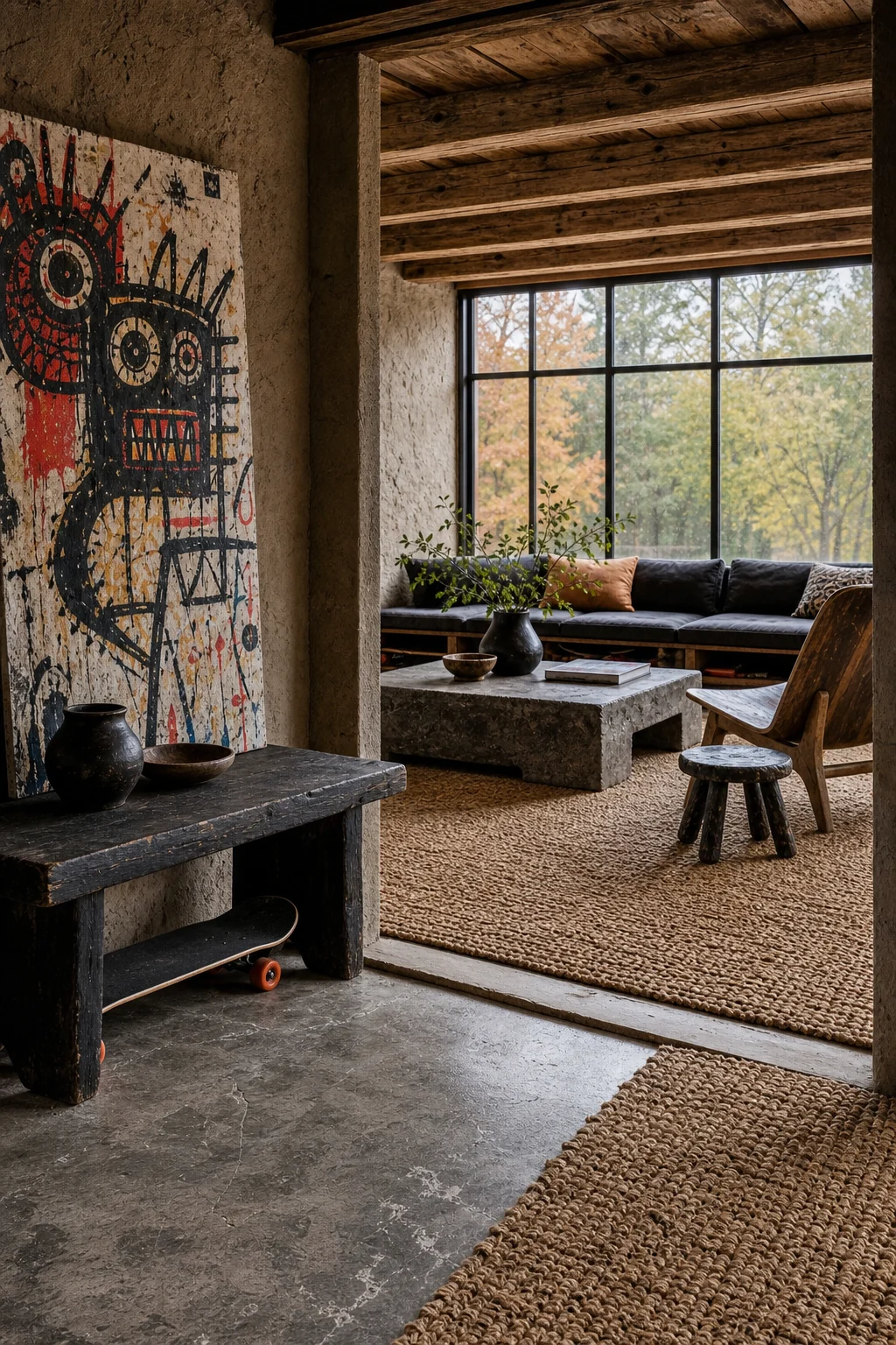 An entryway threshold transitioning from raw concrete floors to a woven jute runner beneath a blackened-wood bench.
