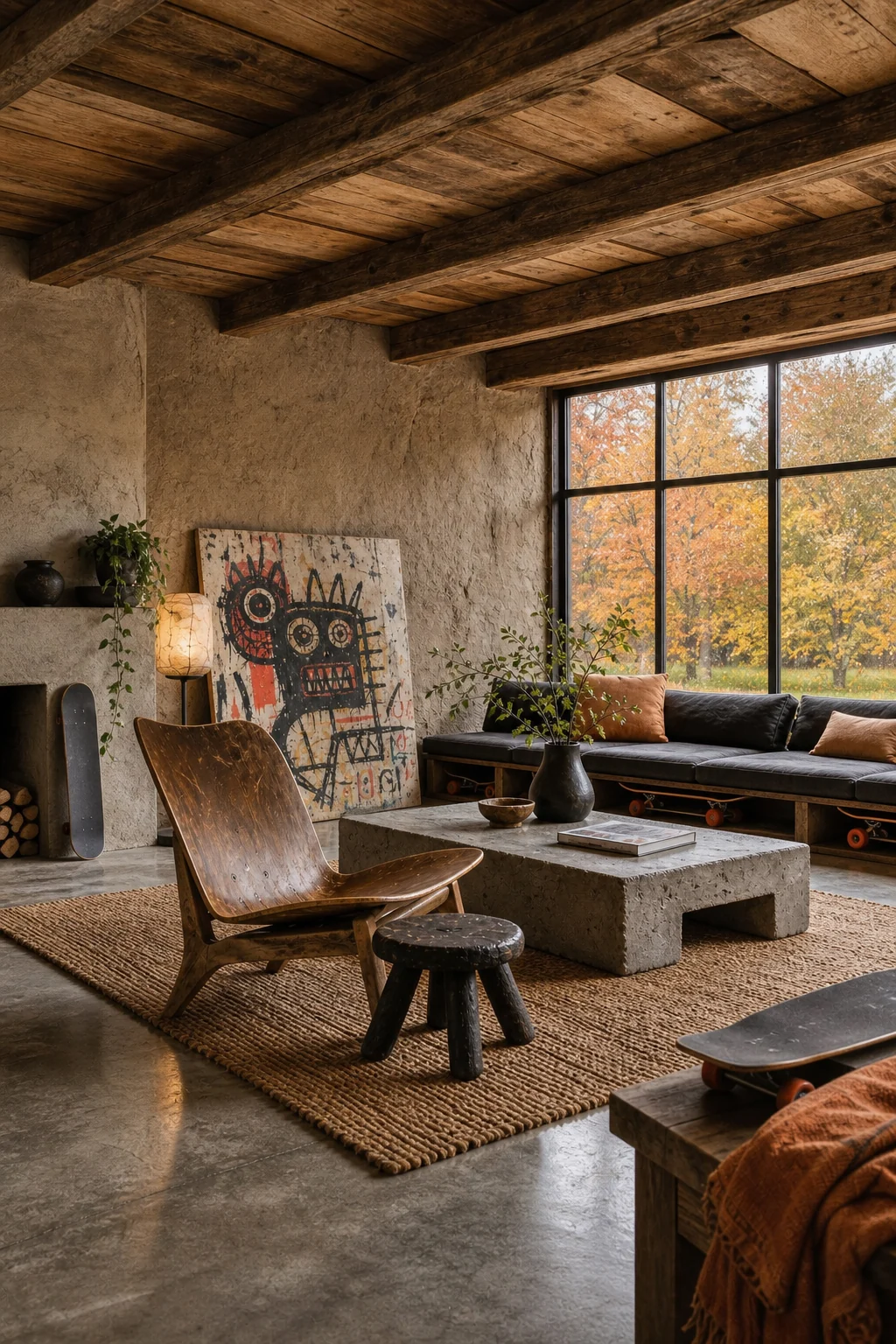 A wide, balanced room view showing earth plaster walls and a bent-maple lounge chair in soft autumn daylight.