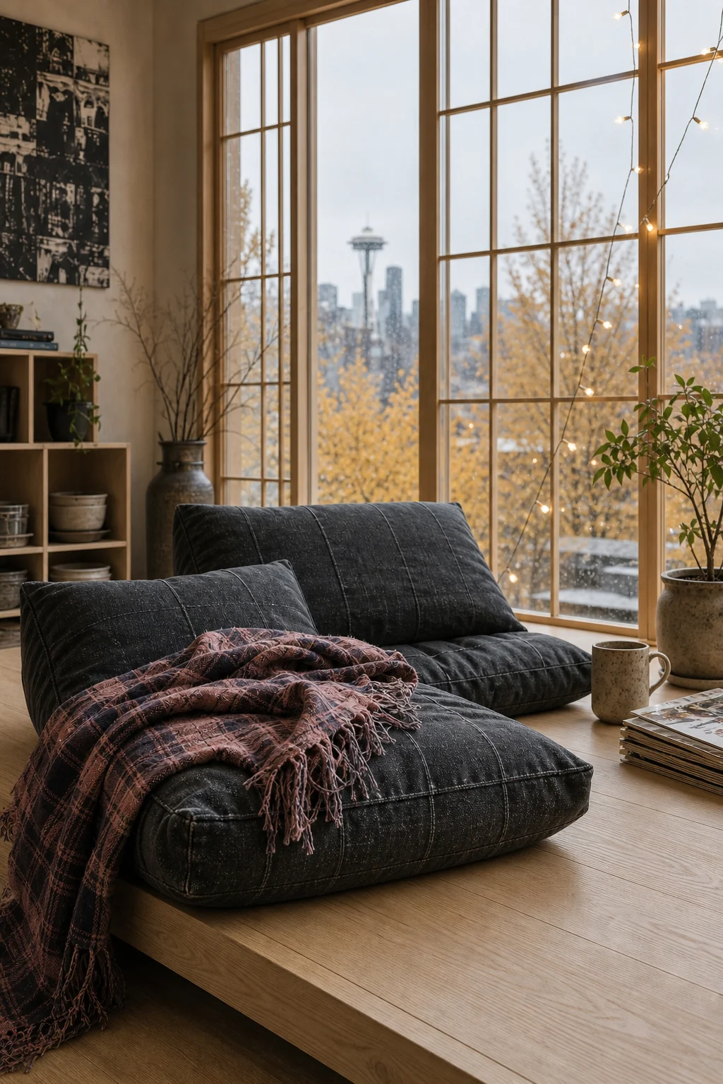 Close-up of a washed charcoal denim floor cushion and faded flannel on a pale ash wood platform