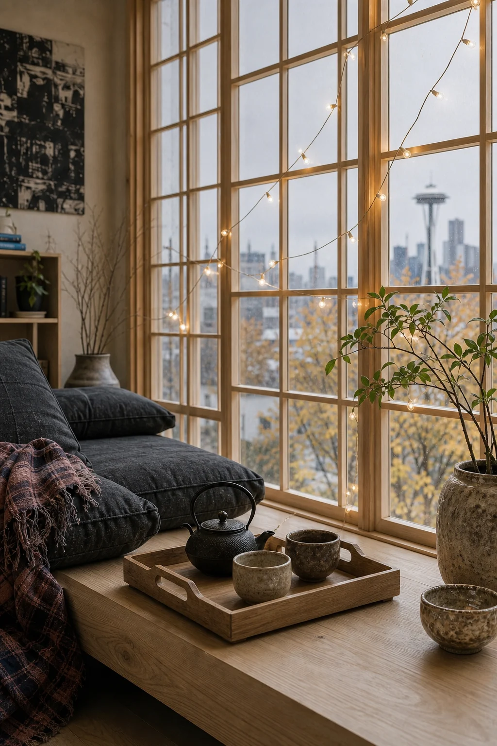 Pale ash wood window grid and wabi-sabi tea set draped with warm fairy lights