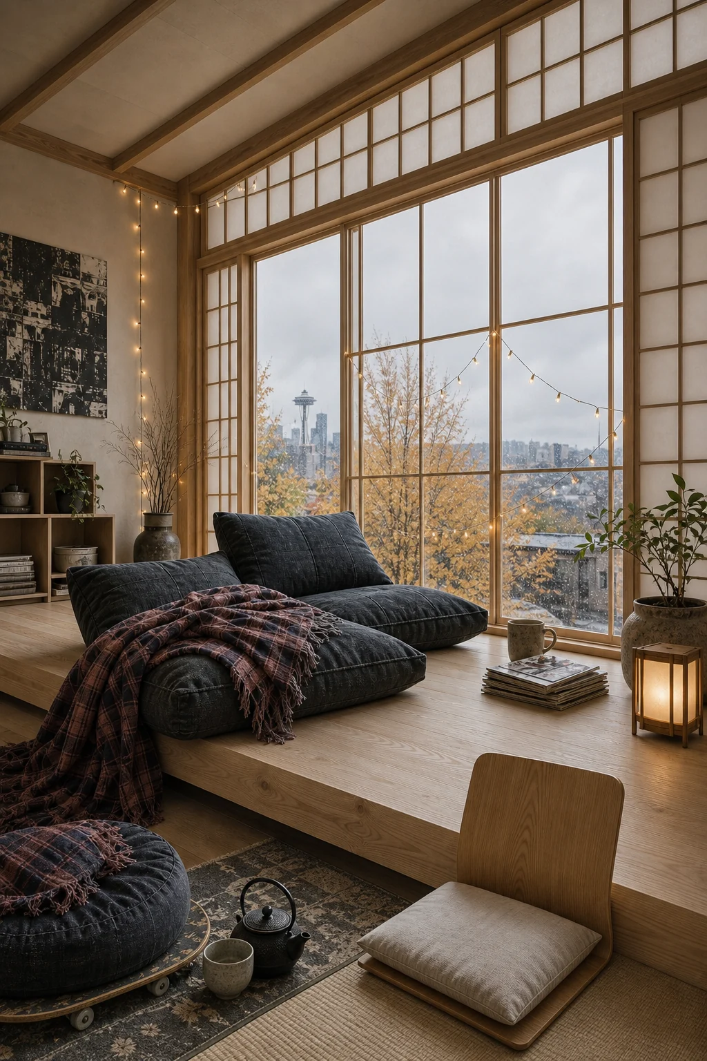Medium shot of denim floor cushions and plaid blankets on a low wooden platform against a shoji window
