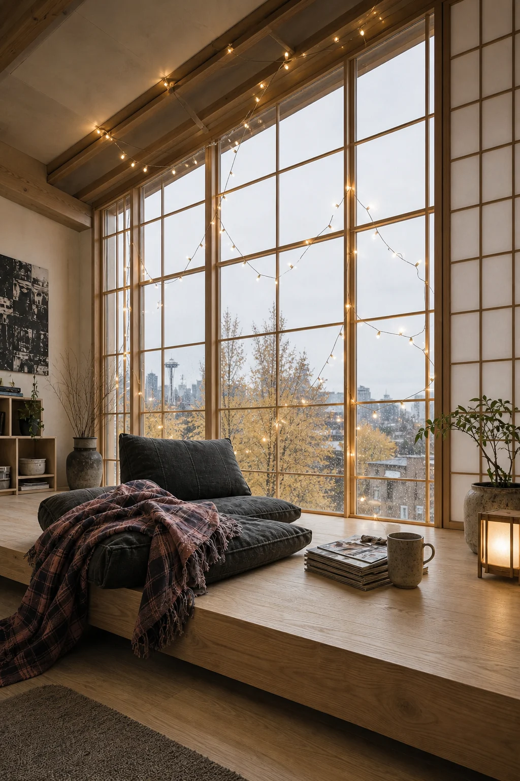 Architectural view of a shoji-inspired wooden window grid intertwined with fairy lights looking out at autumn leaves