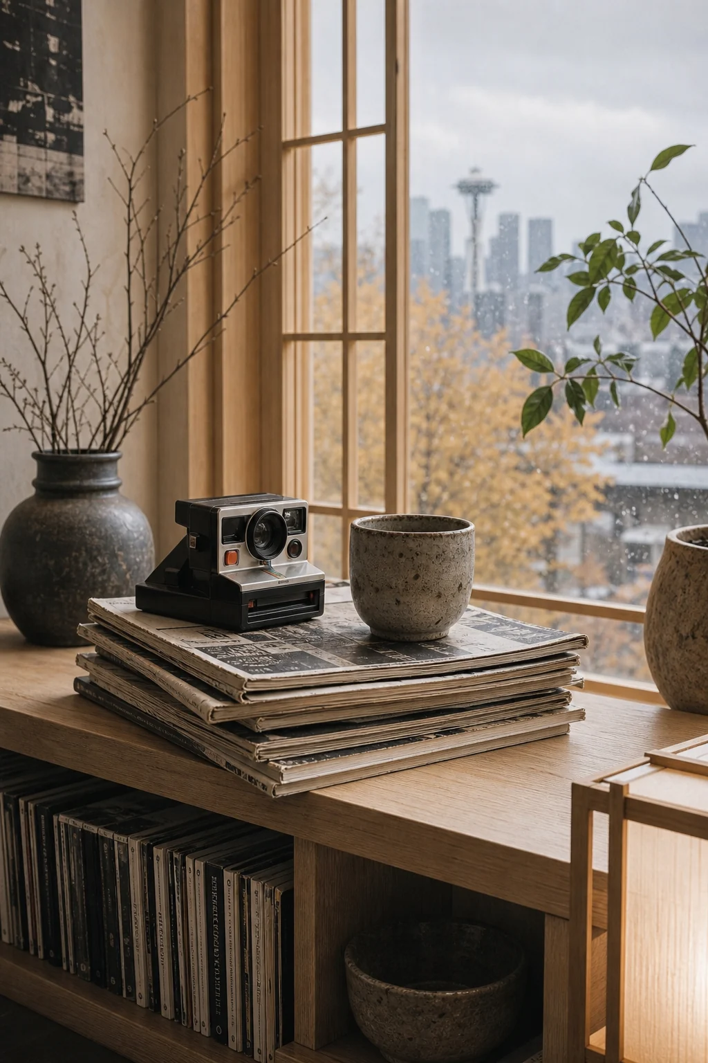 Detail shot of a low ash wood shelf with vintage zines, a polaroid camera, and an unglazed ceramic mug