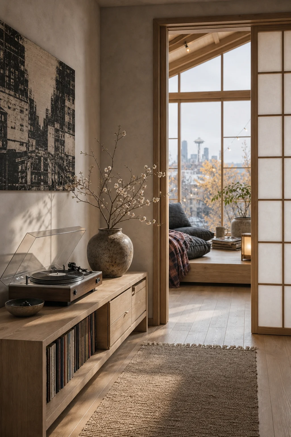 Medium shot of a low pale ash wood console with a record player and a Japanese ikebana branch arrangement