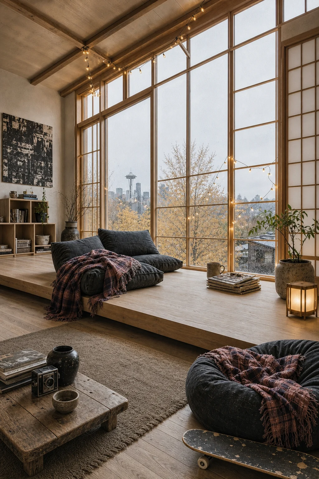 Wide room view showing the balanced integration of the ash wood platform, denim cushions, and shoji window