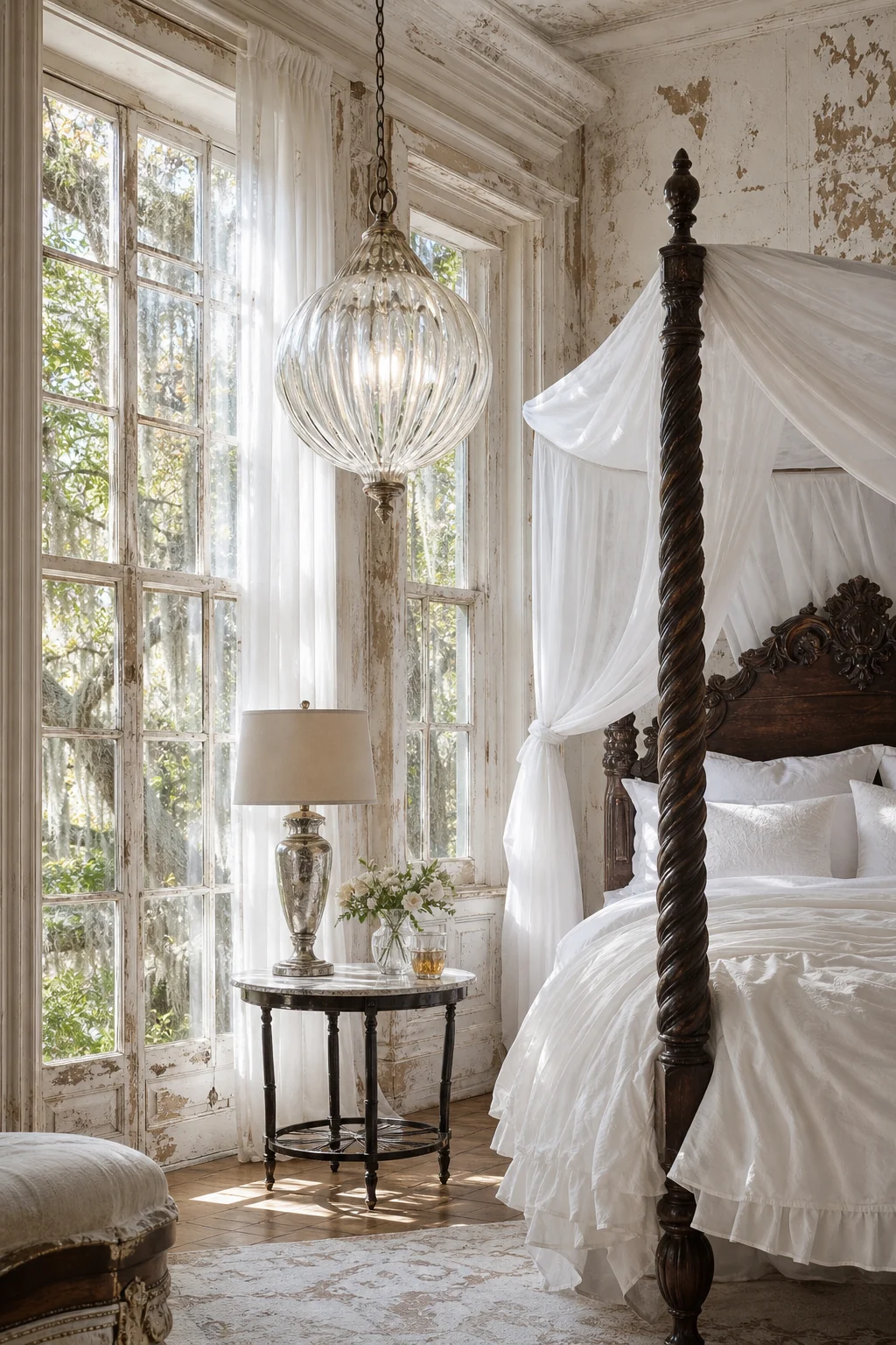 Delicate blown-glass pendant hanging near a peeling historical sash window
