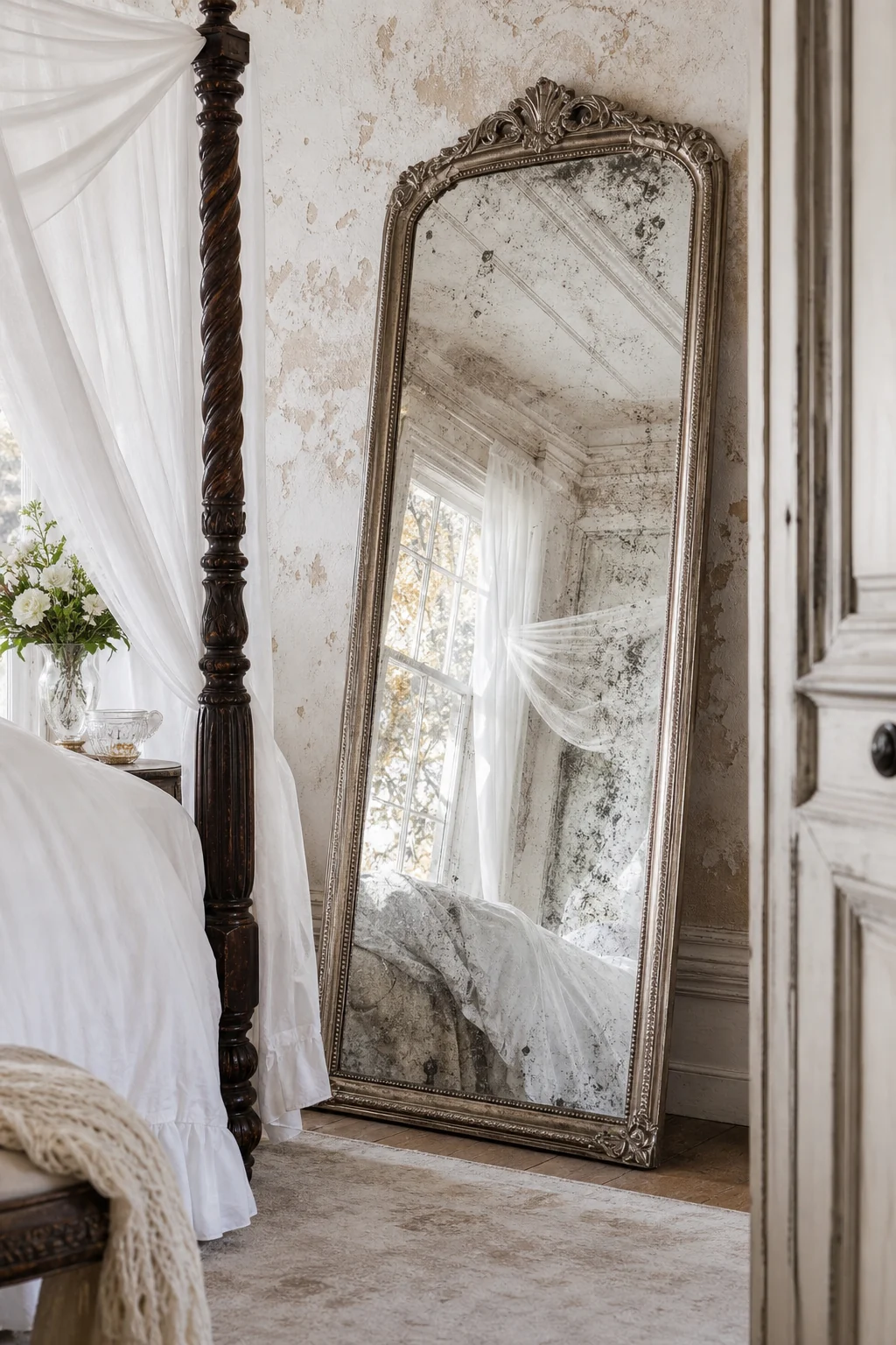 Tarnished mercury glass floor mirror reflecting soft daylight and white linen