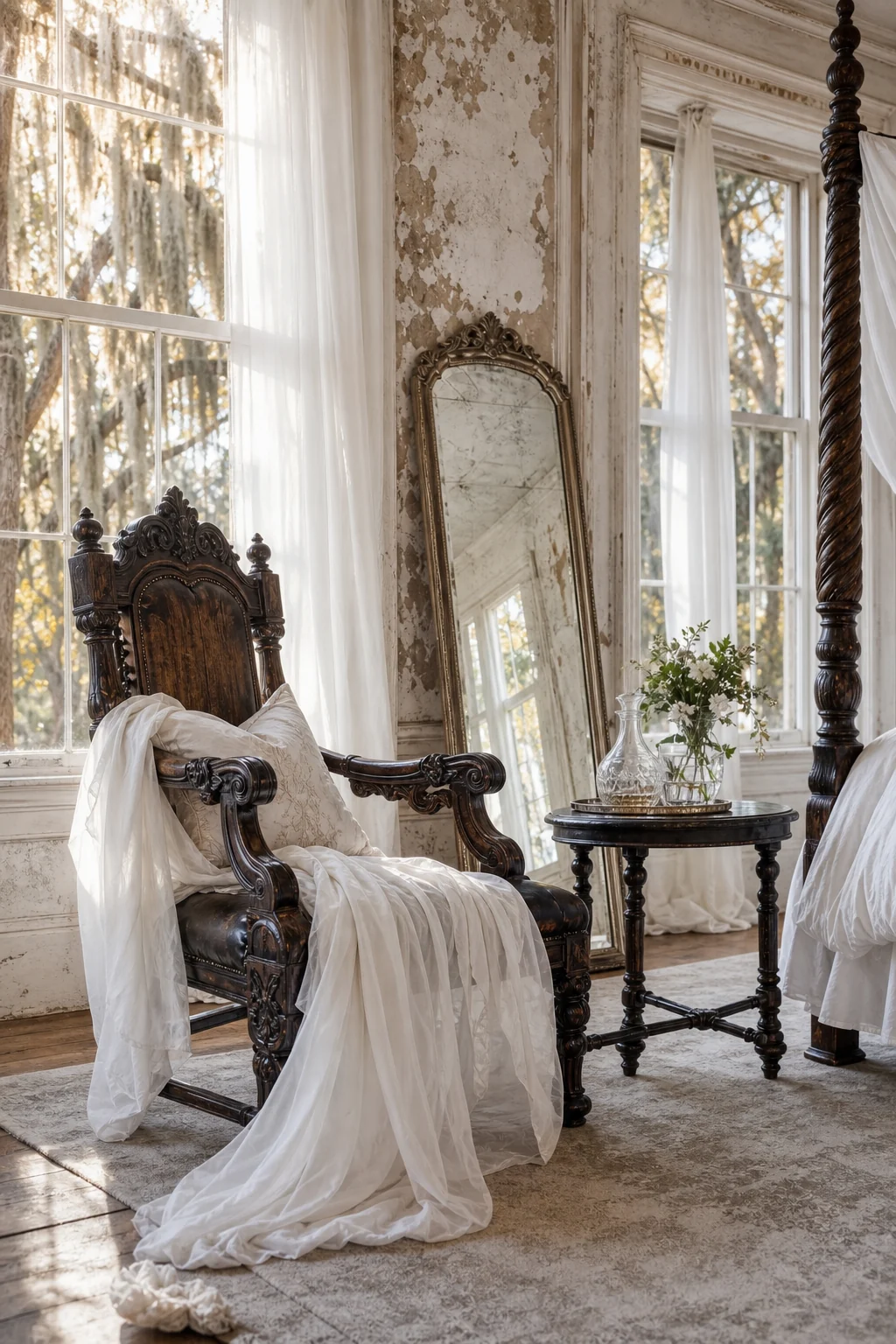 Heavy carved walnut armchair draped with floating white linen near a window