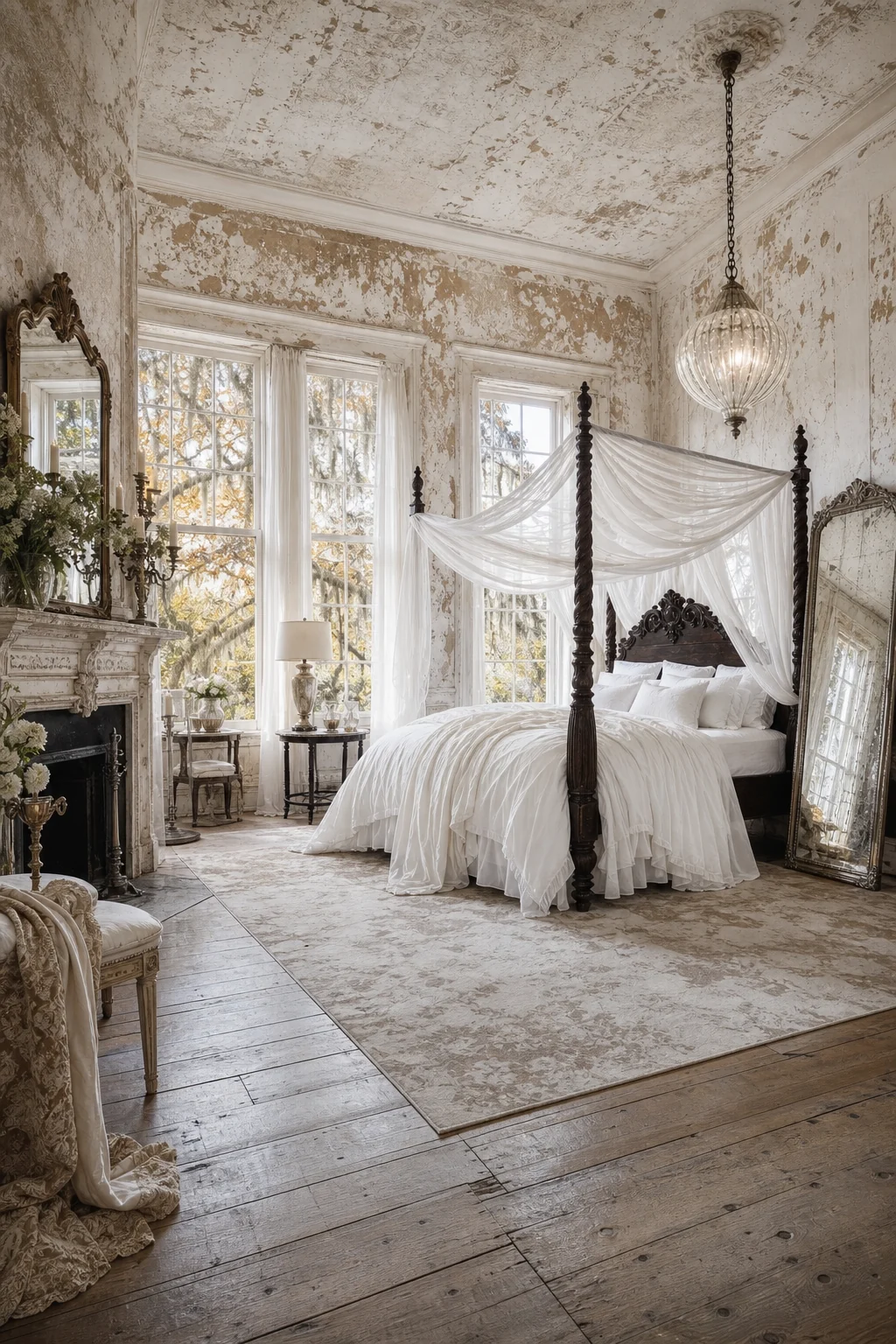 Wide view of tall sash windows framing live oaks with billowing sheer curtains
