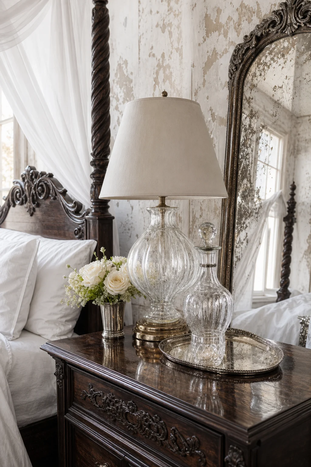 Dark polished mahogany nightstand styled with translucent blown-glass and tarnished silver