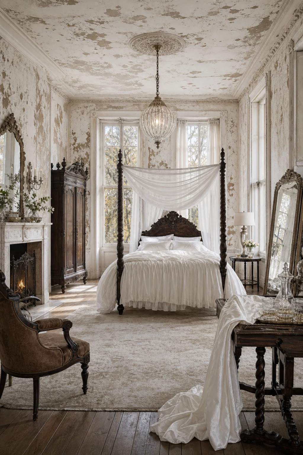 Full room view balancing heavy dark wood antiques with weightless sheer white silk
