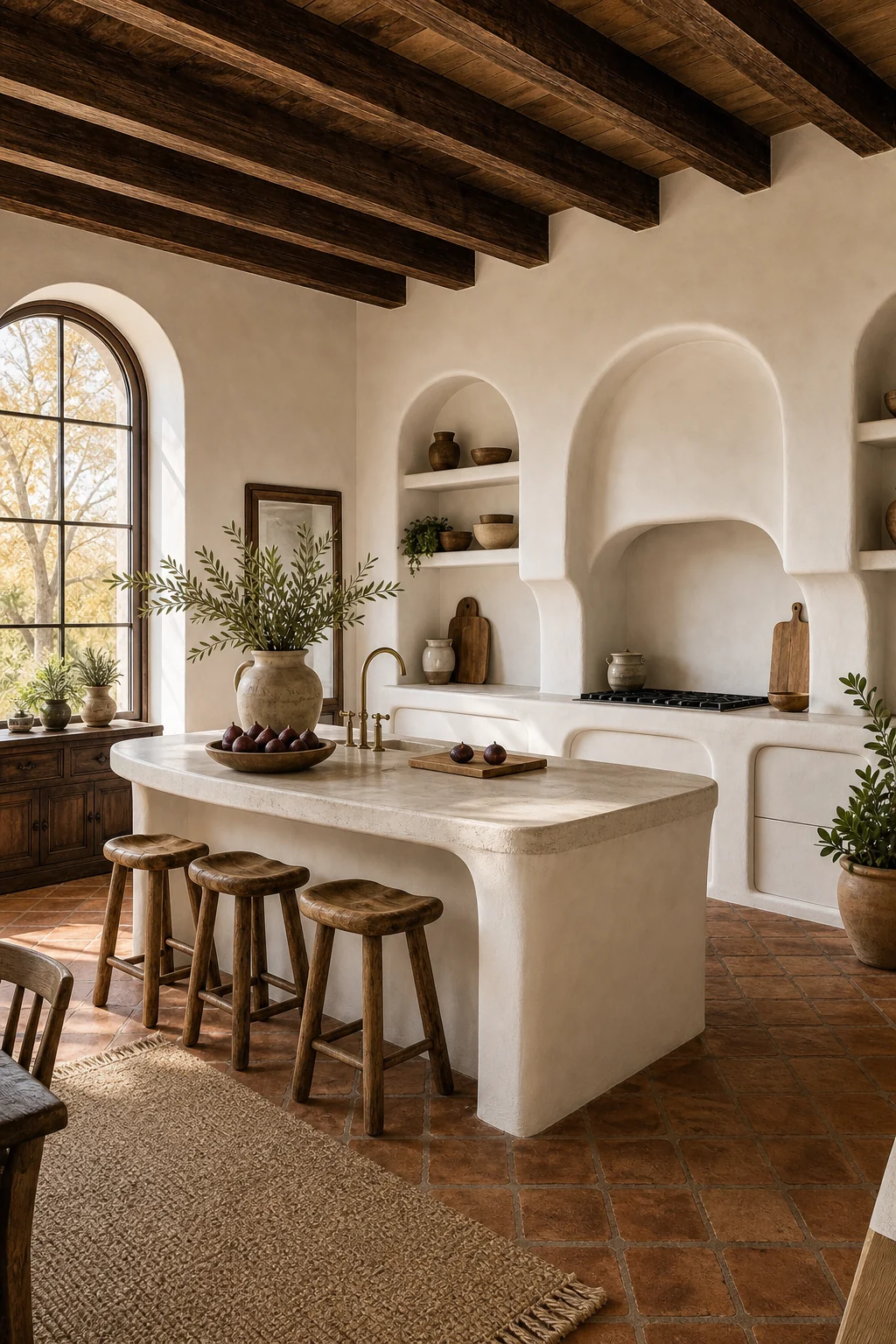 Low angle view of dark walnut ceiling beams contrasting with smooth whitewashed plaster walls