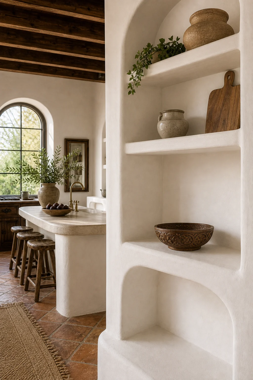 Built-in whitewashed plaster shelving holding a dark carved walnut bowl