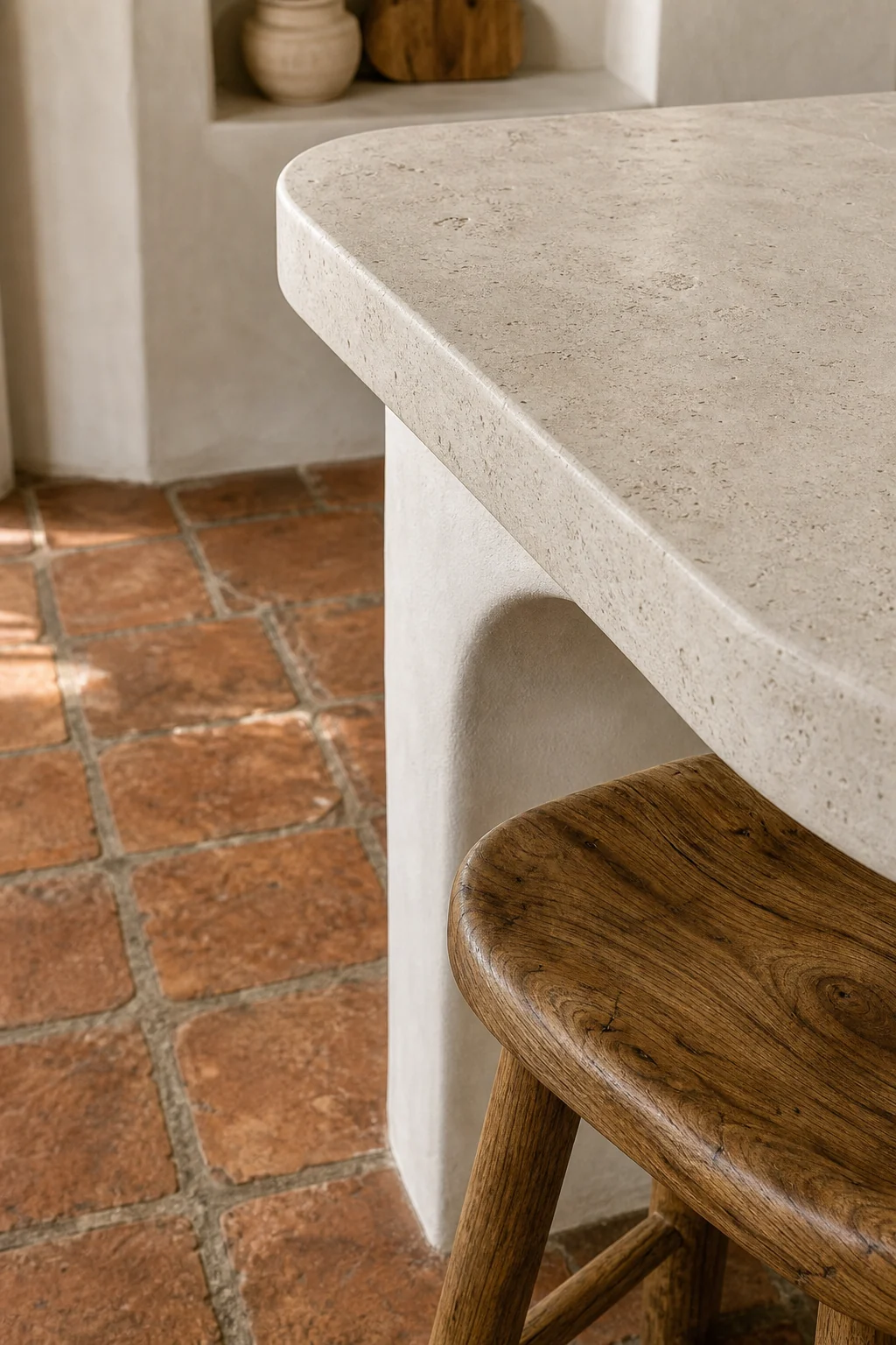 Close-up of a matte limestone countertop meeting a raw olive wood stool with terracotta floors