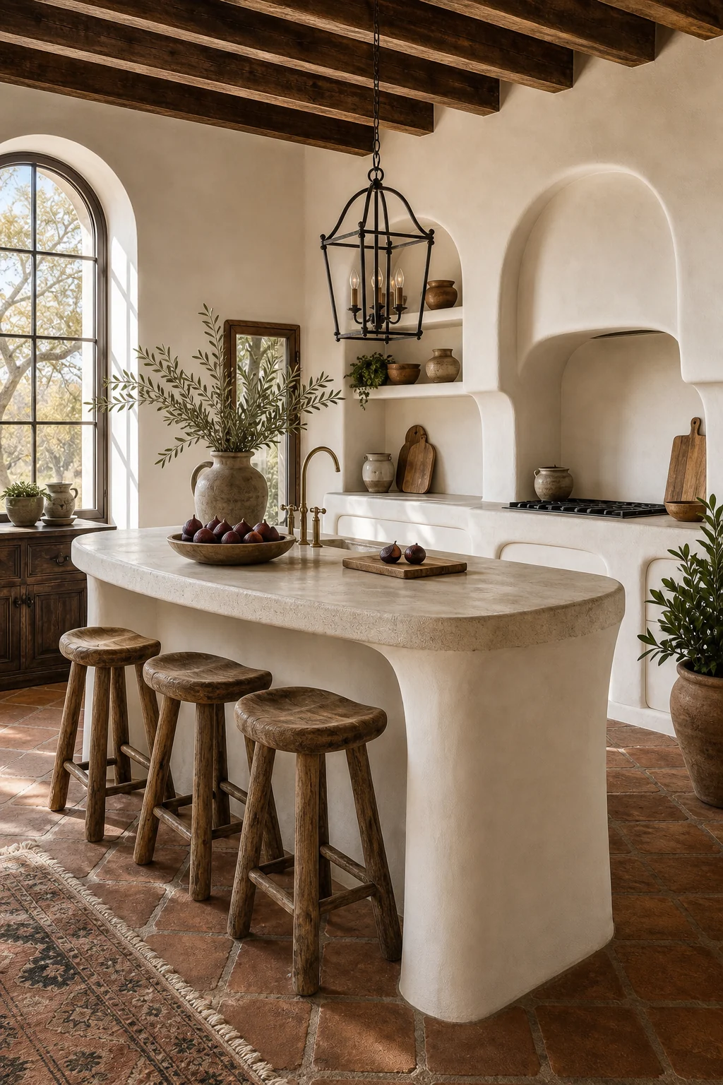 Kitchen island with a plaster base, limestone top, and olive wood stools under an iron pendant